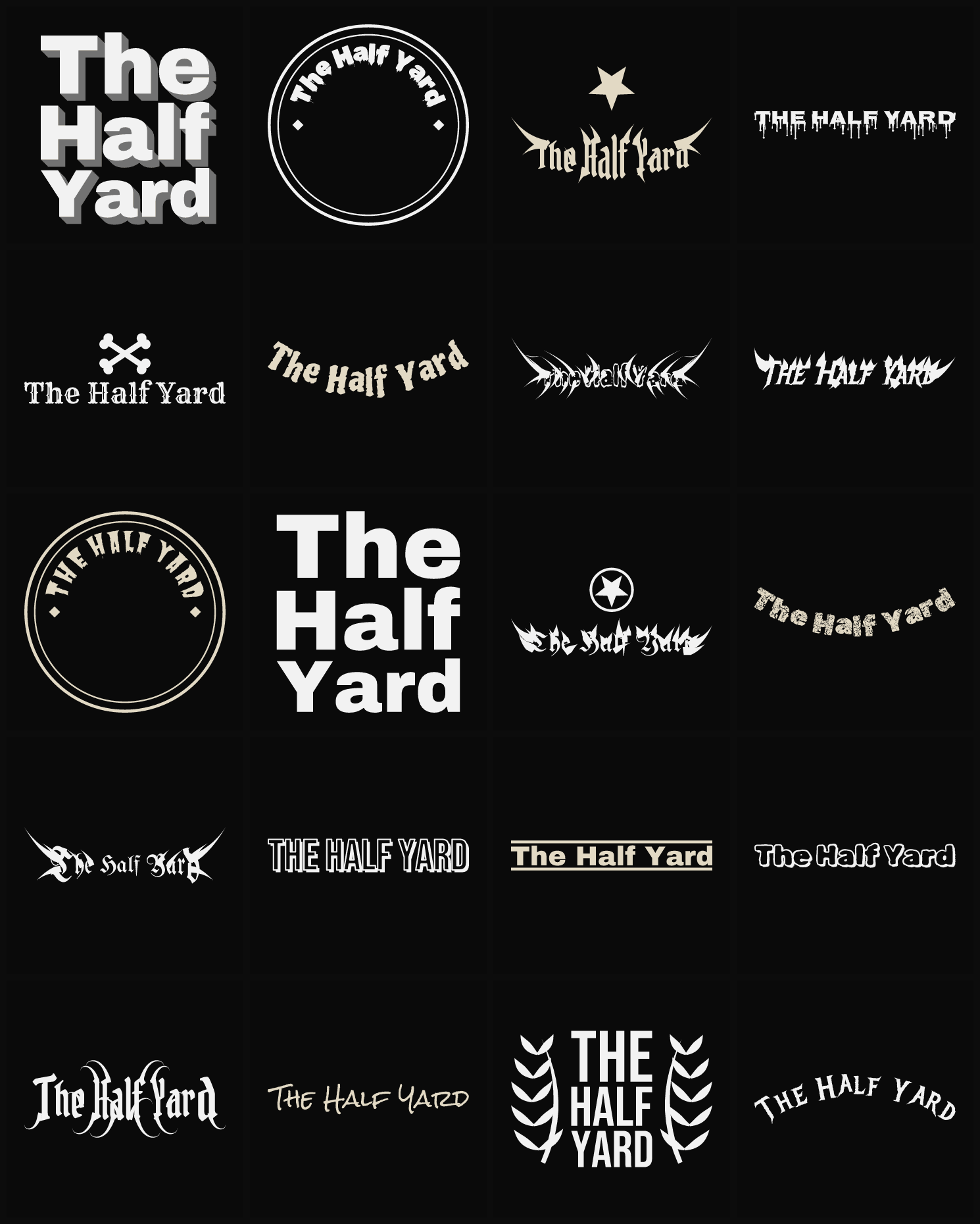 Twenty The Half Yard band logo ideas — different faces, treatments and spike settings