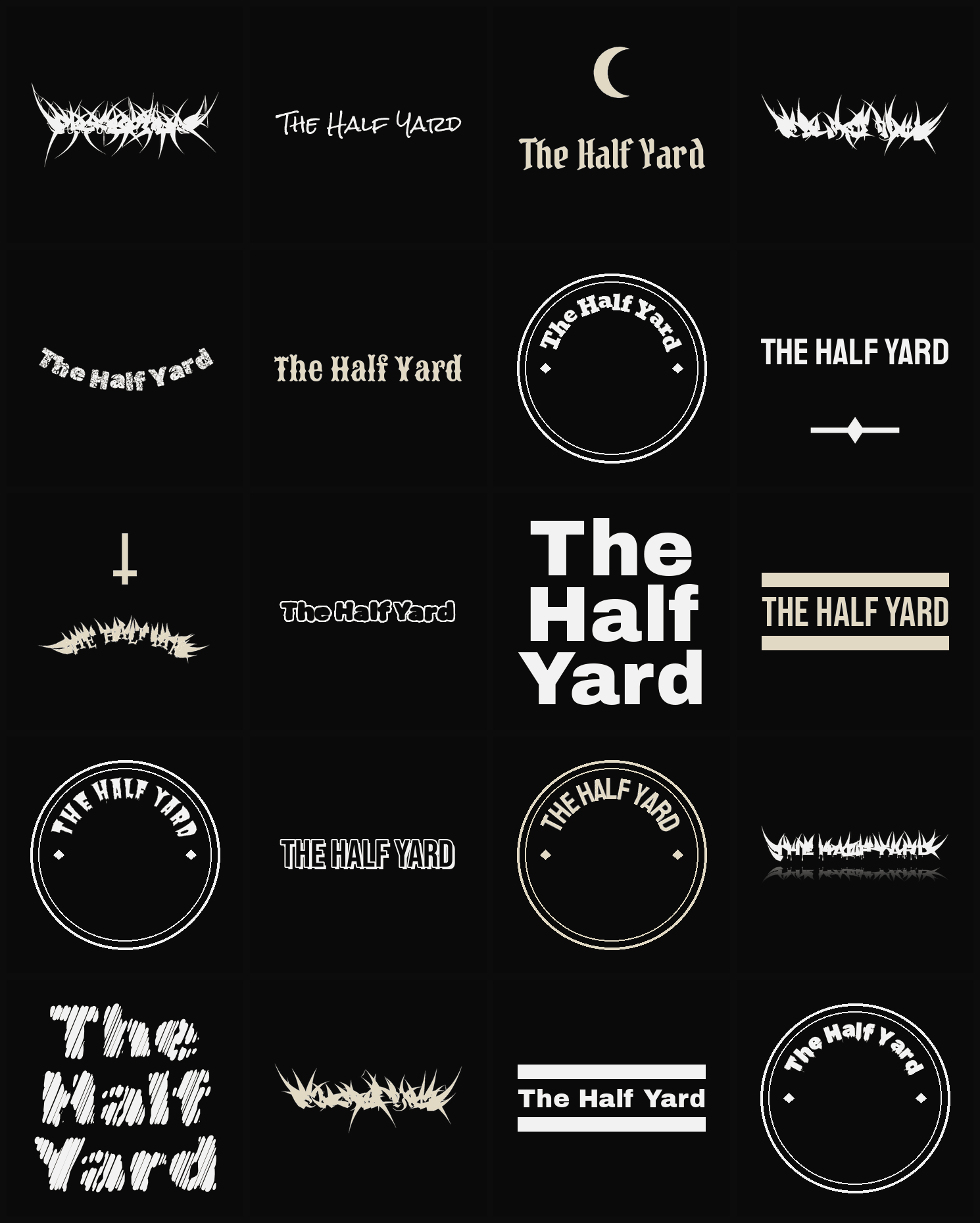 Twenty The Half Yard band logo ideas — different faces, treatments and spike settings