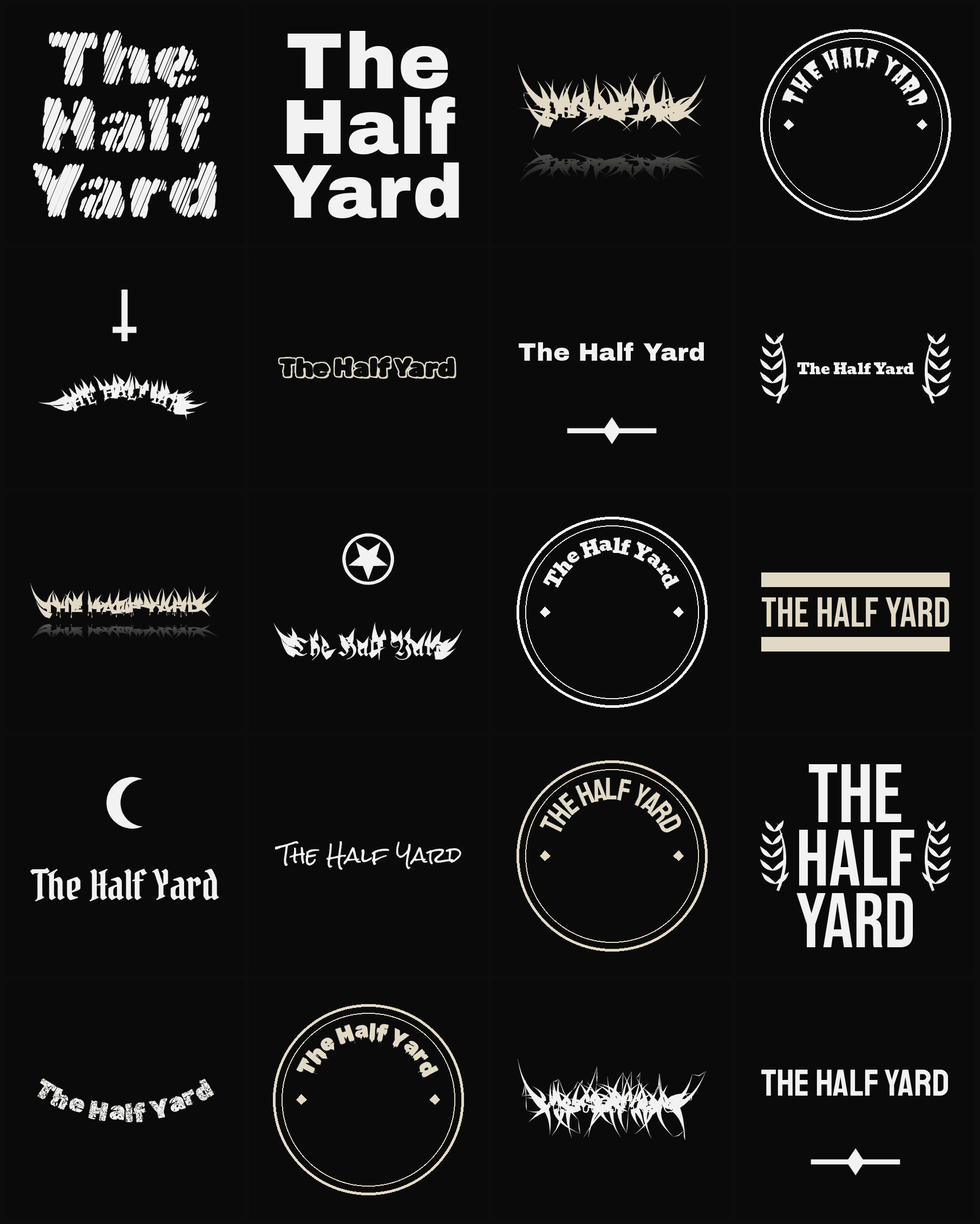 Twenty The Half Yard band logo ideas — different faces, treatments and spike settings