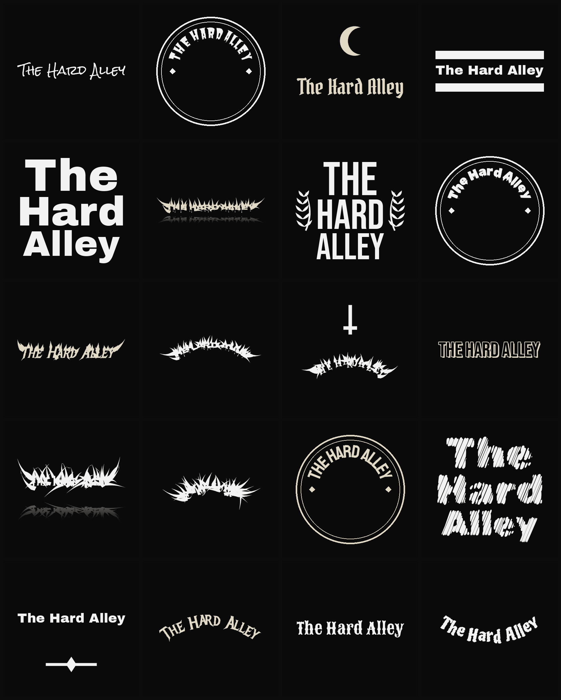 Twenty The Hard Alley band logo ideas — different faces, treatments and spike settings