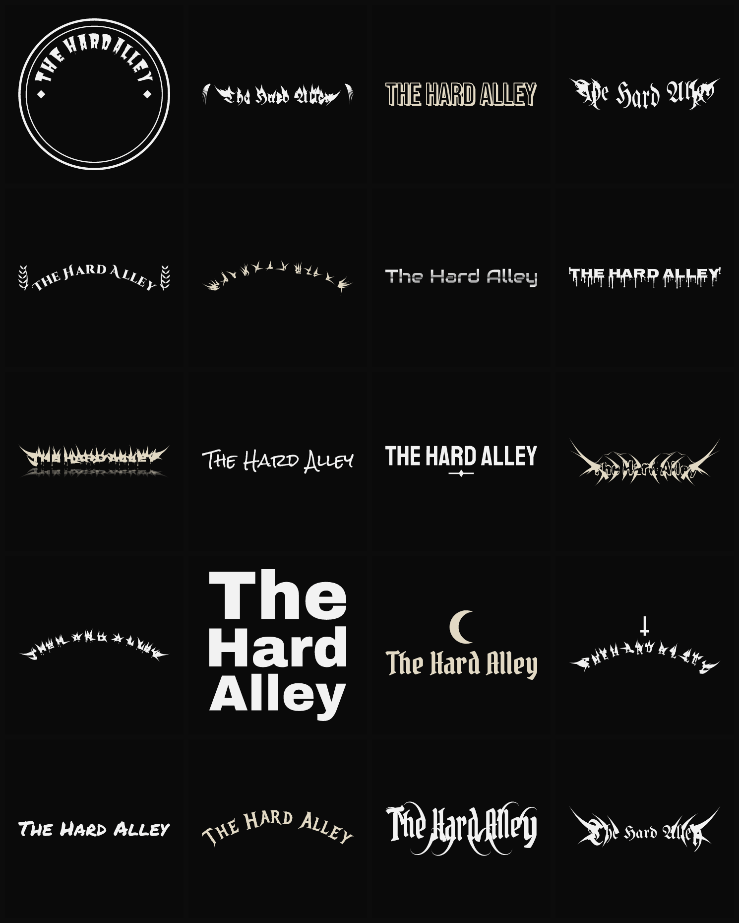 Twenty The Hard Alley band logo ideas — different faces, treatments and spike settings