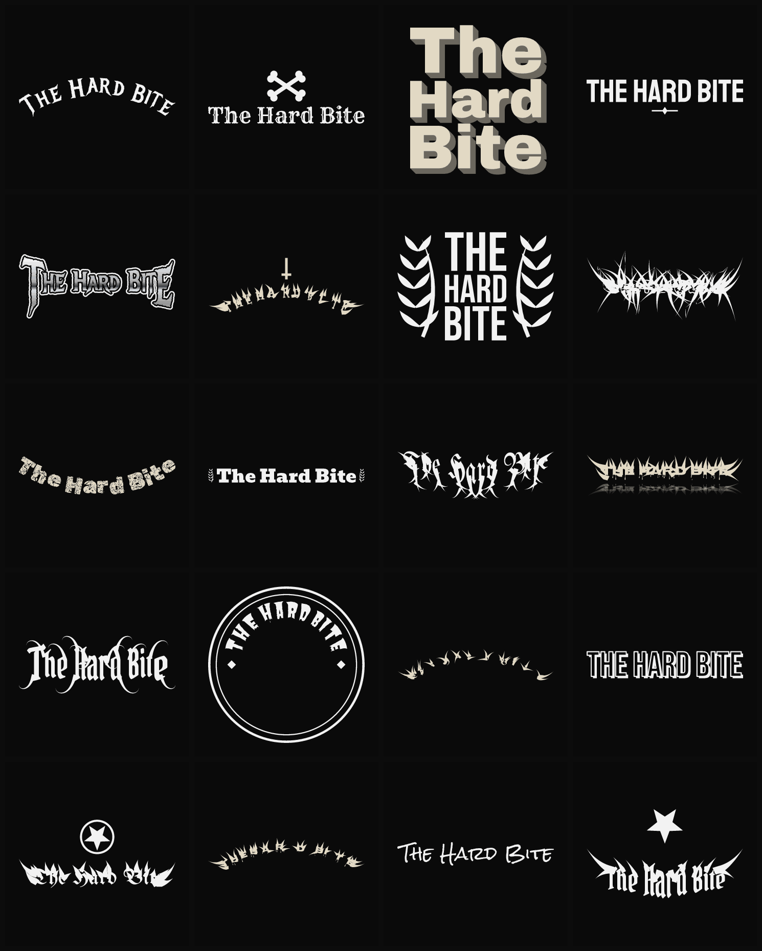 Twenty The Hard Bite band logo ideas — different faces, treatments and spike settings