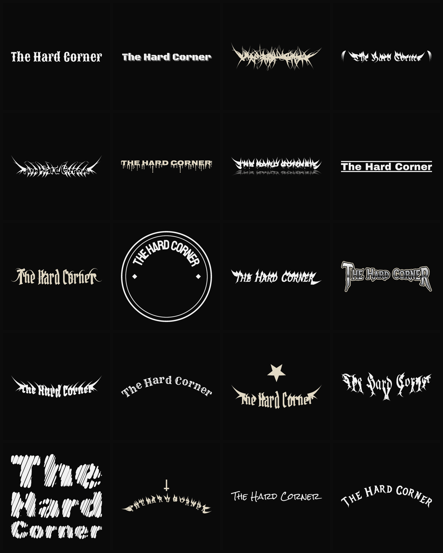 Twenty The Hard Corner band logo ideas — different faces, treatments and spike settings