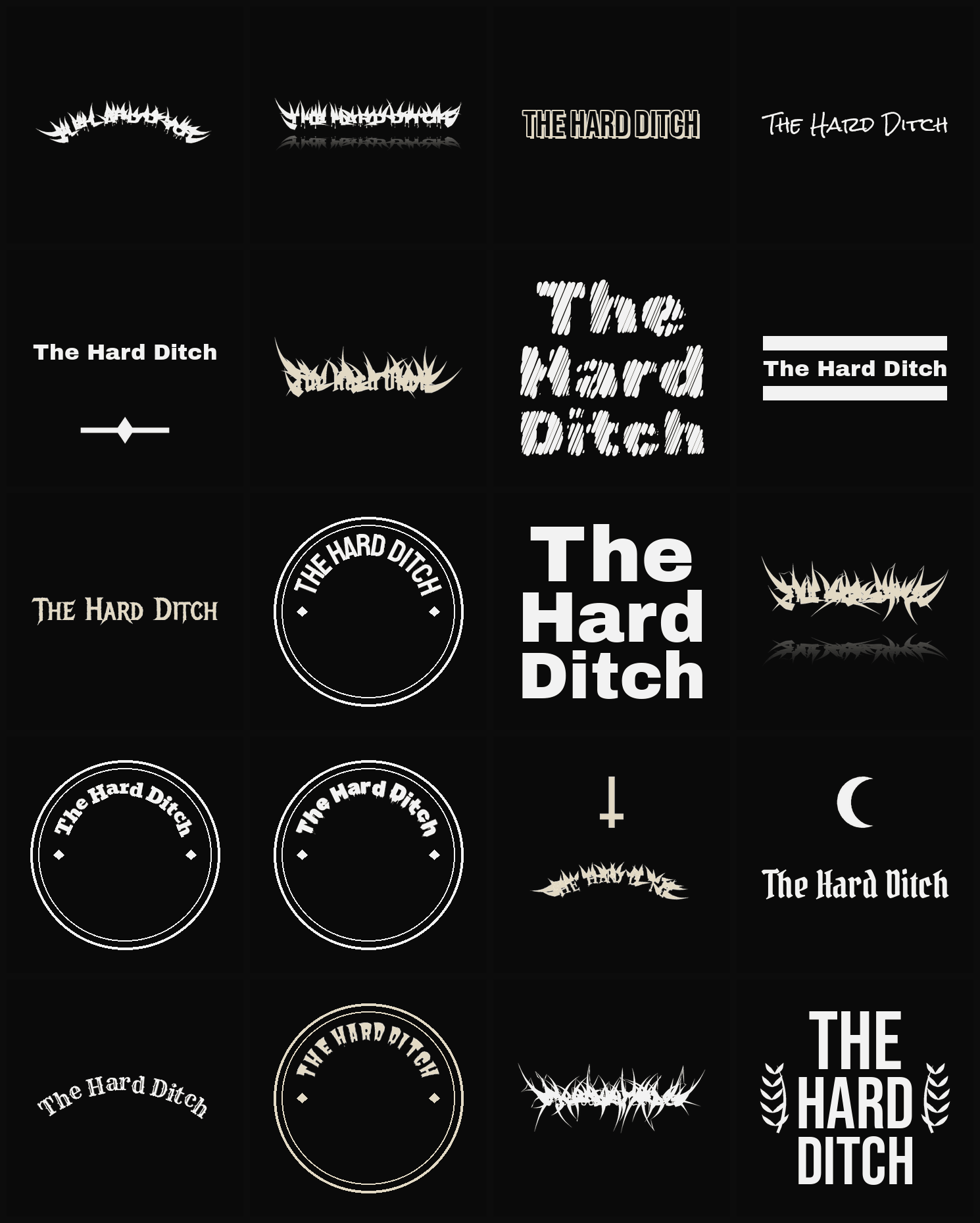 Twenty The Hard Ditch band logo ideas — different faces, treatments and spike settings