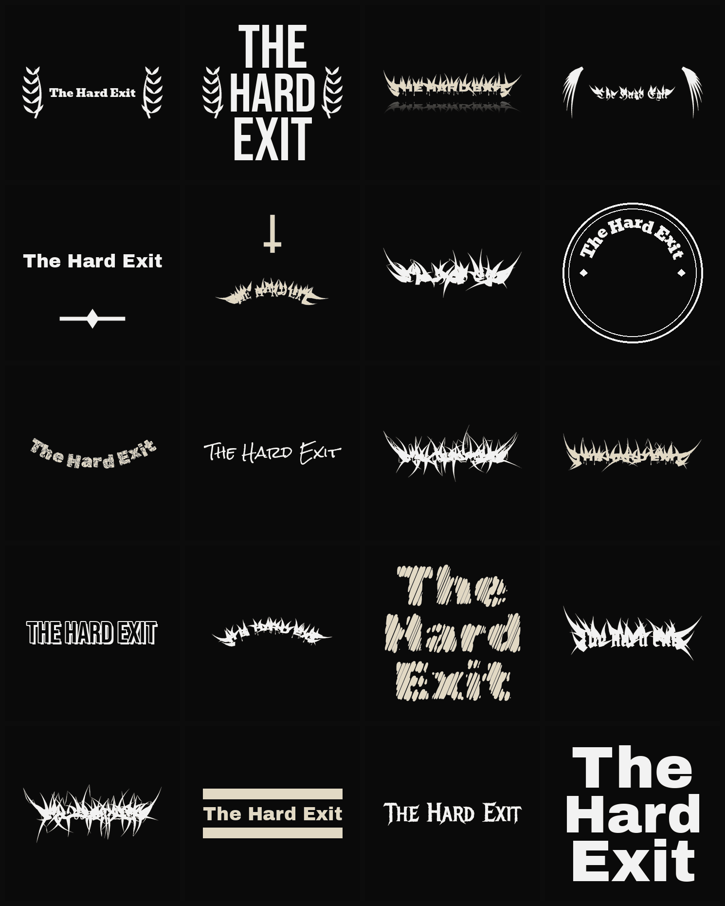 Twenty The Hard Exit band logo ideas — different faces, treatments and spike settings