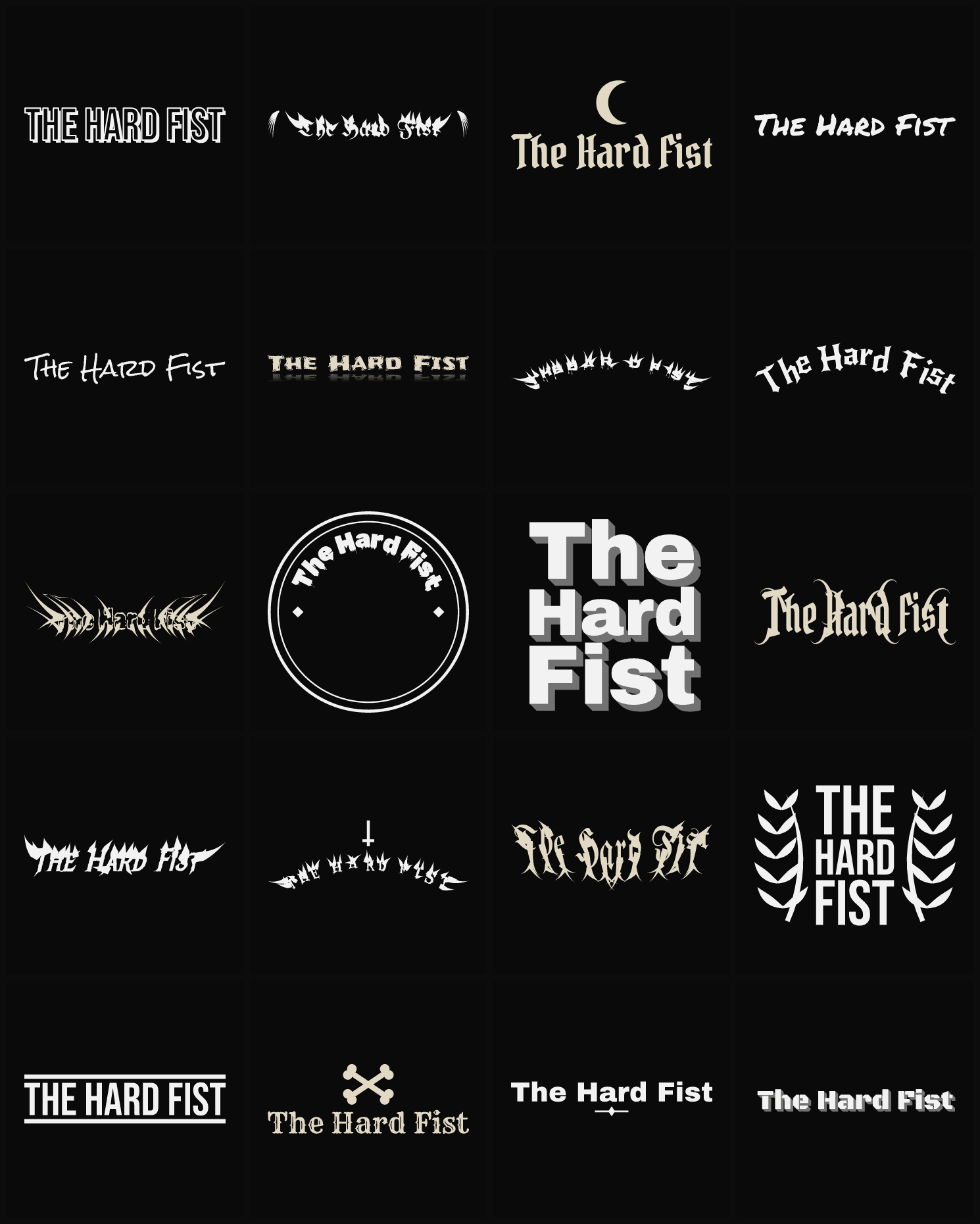 Twenty The Hard Fist band logo ideas — different faces, treatments and spike settings