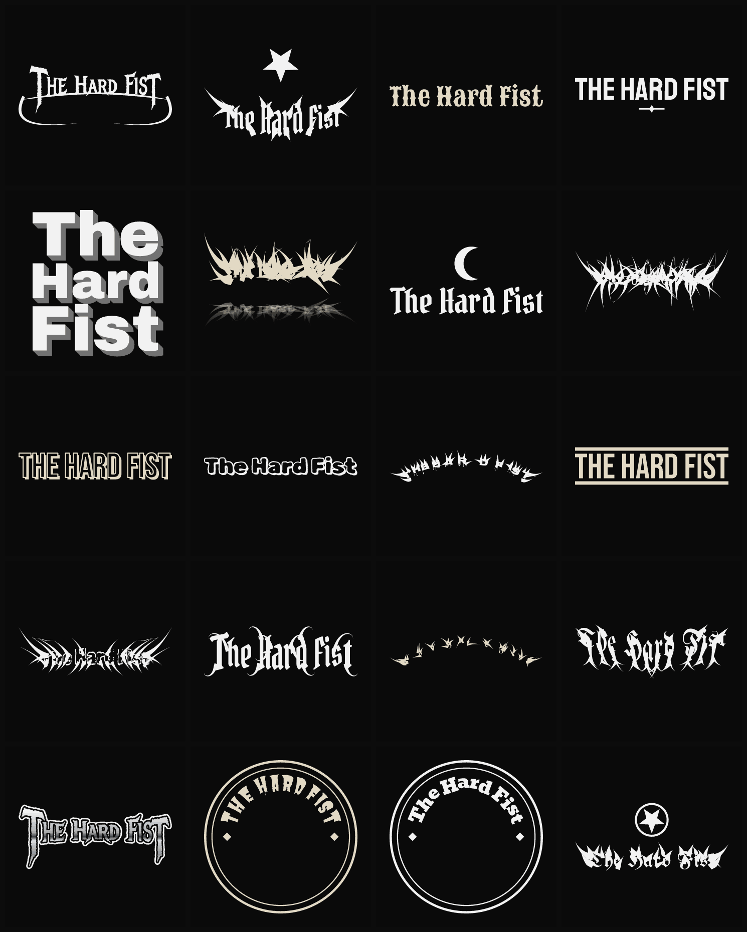 Twenty The Hard Fist band logo ideas — different faces, treatments and spike settings