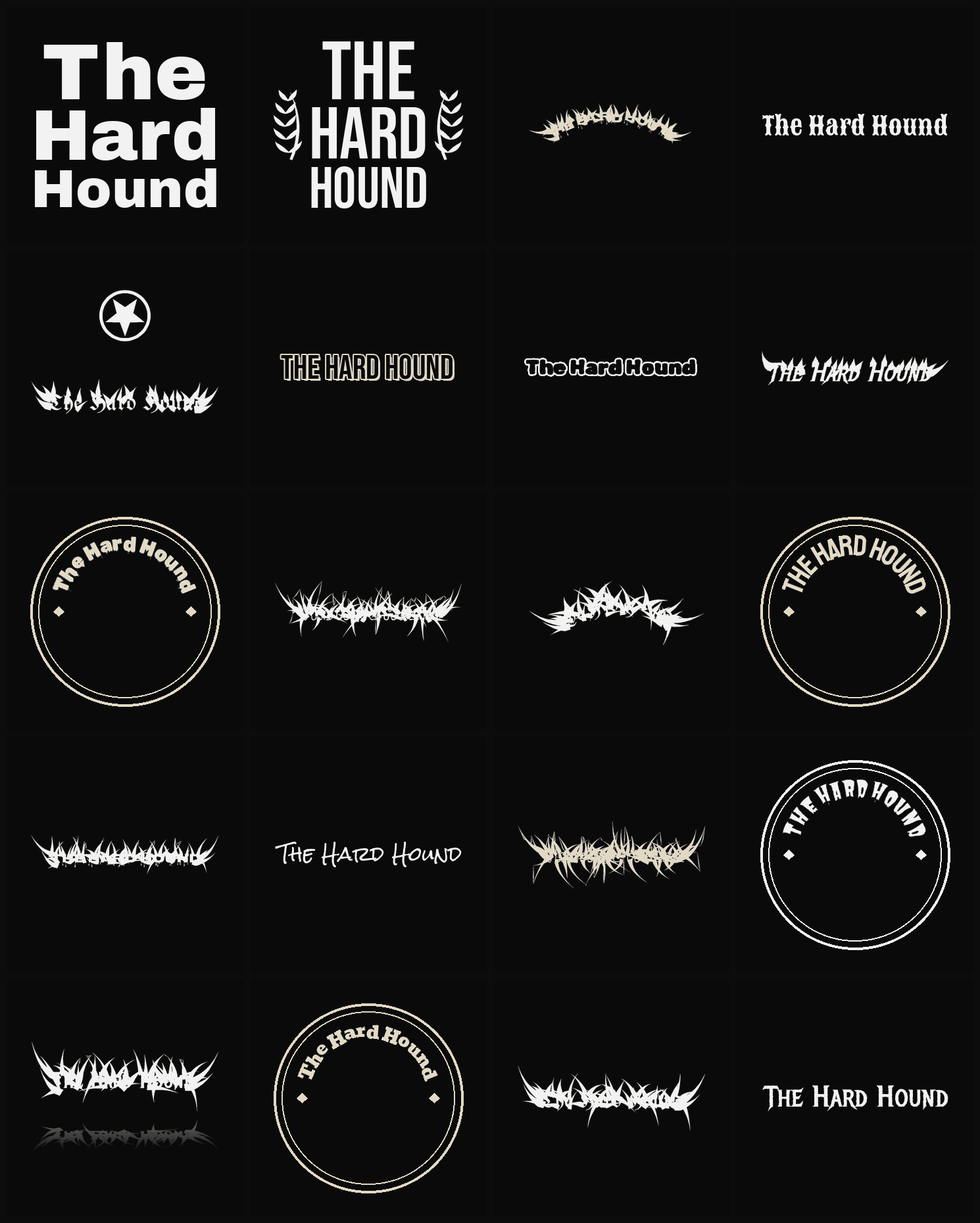 Twenty The Hard Hound band logo ideas — different faces, treatments and spike settings