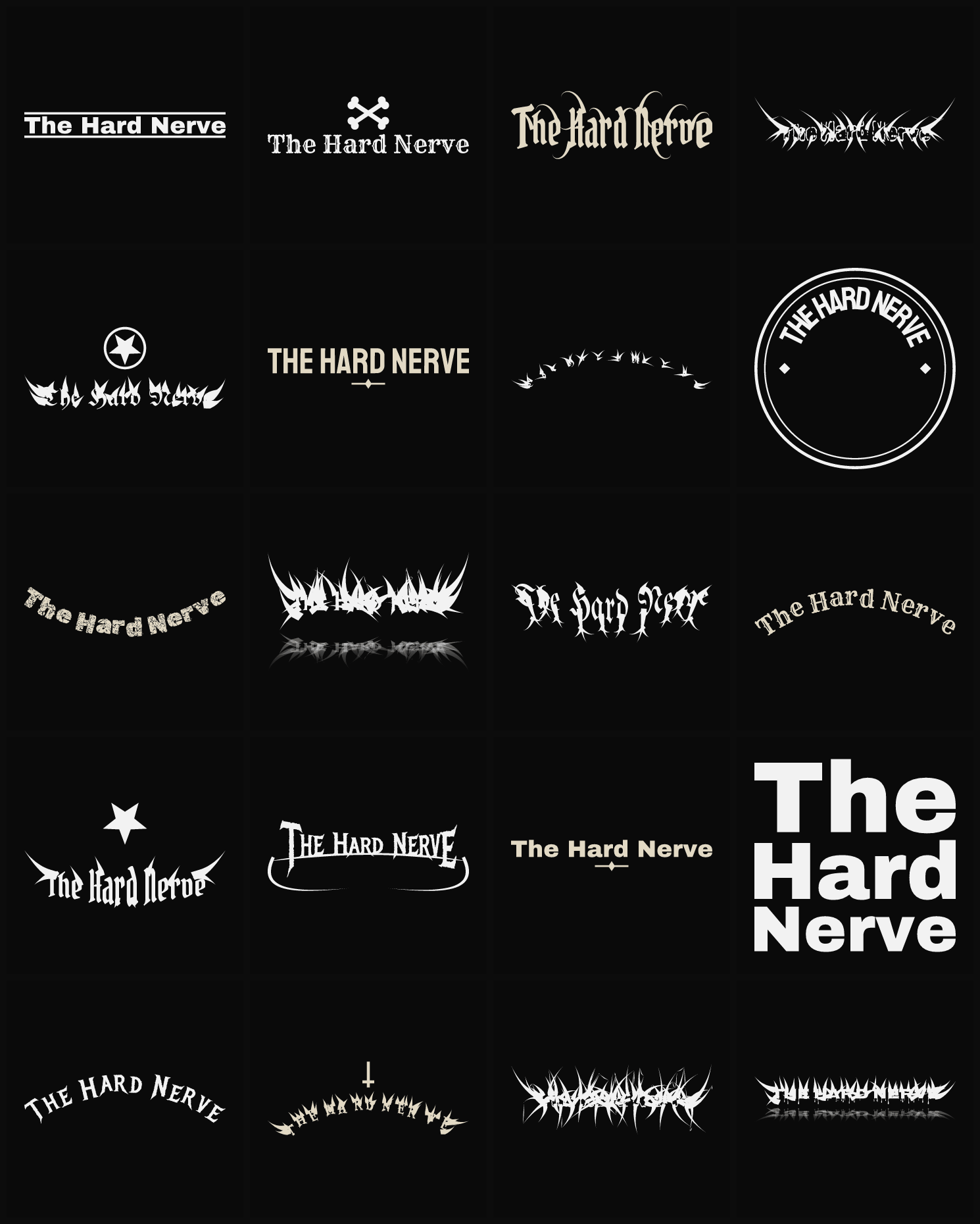 Twenty The Hard Nerve band logo ideas — different faces, treatments and spike settings