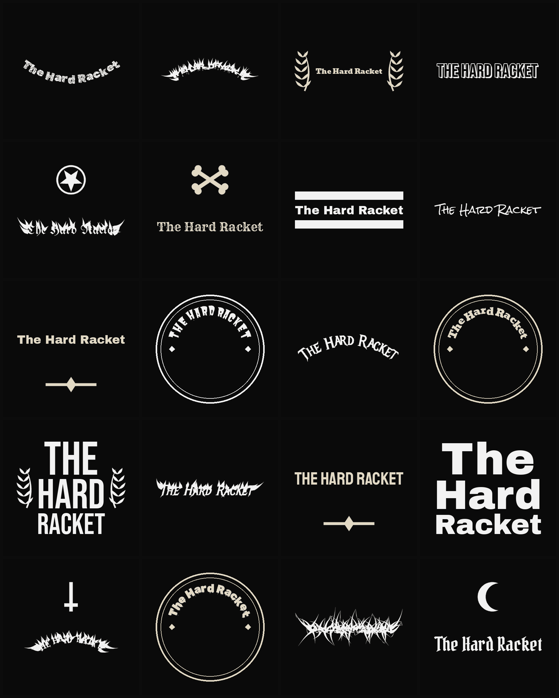 Twenty The Hard Racket band logo ideas — different faces, treatments and spike settings