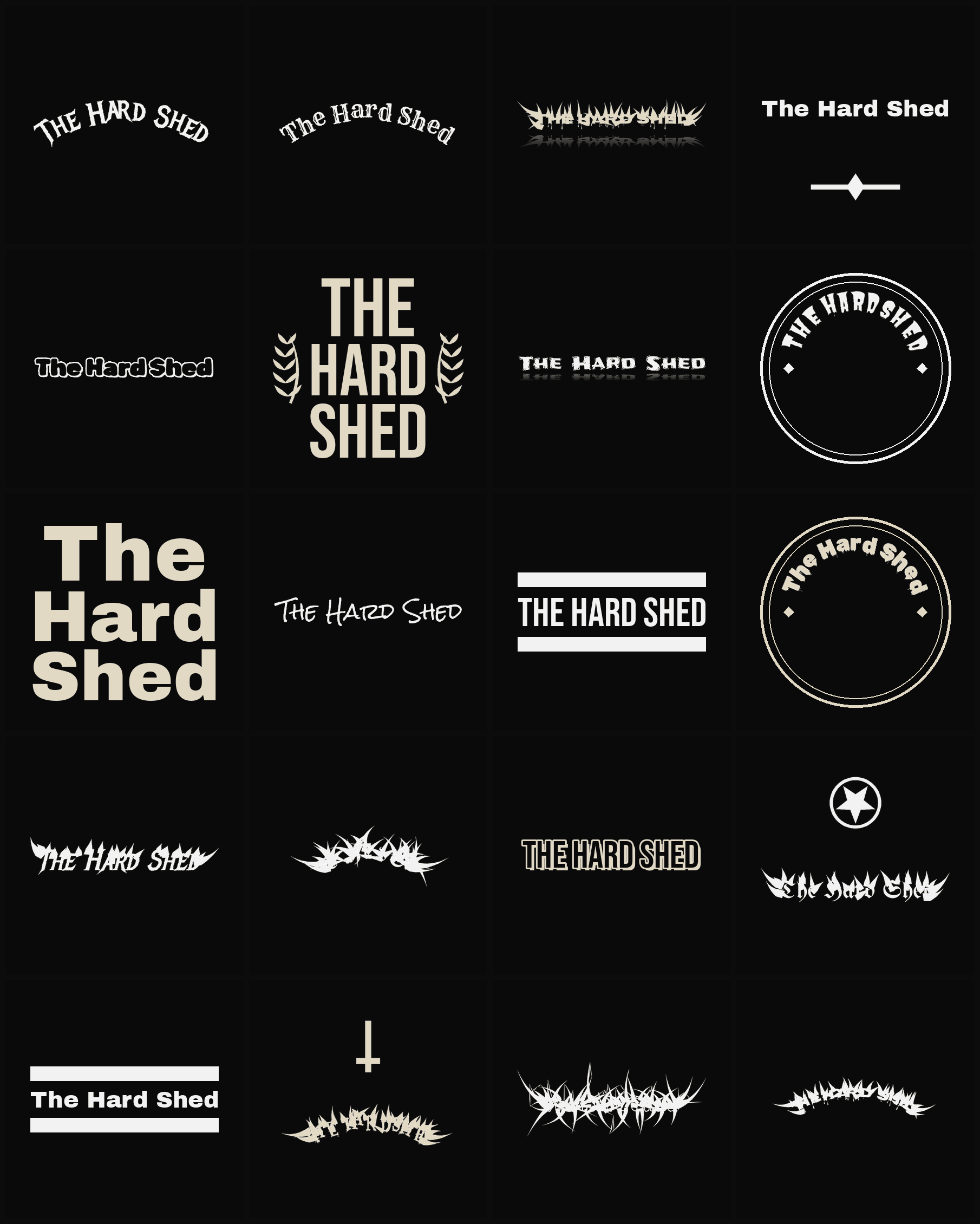 Twenty The Hard Shed band logo ideas — different faces, treatments and spike settings