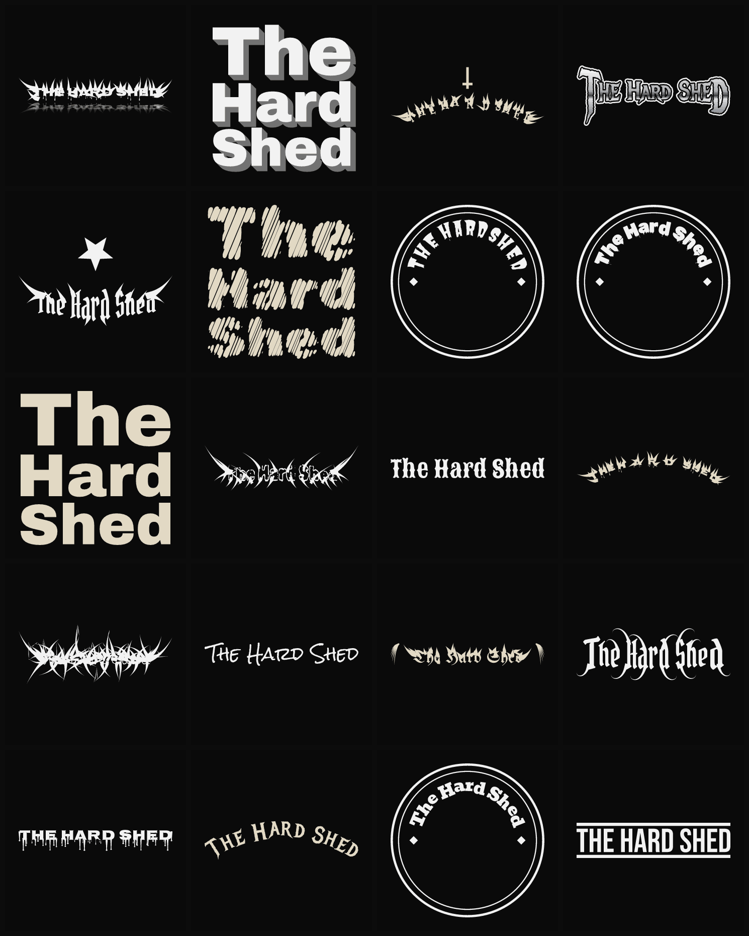Twenty The Hard Shed band logo ideas — different faces, treatments and spike settings