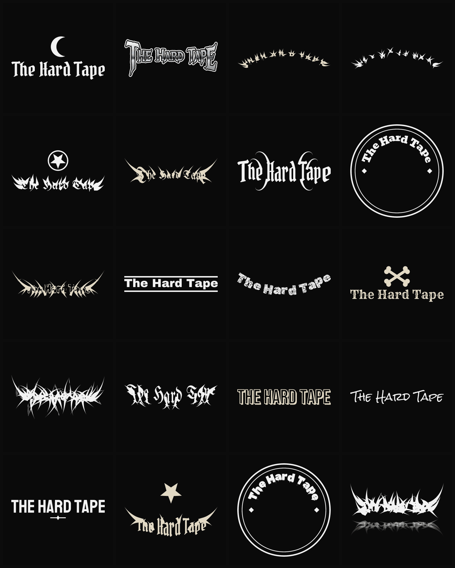 Twenty The Hard Tape band logo ideas — different faces, treatments and spike settings