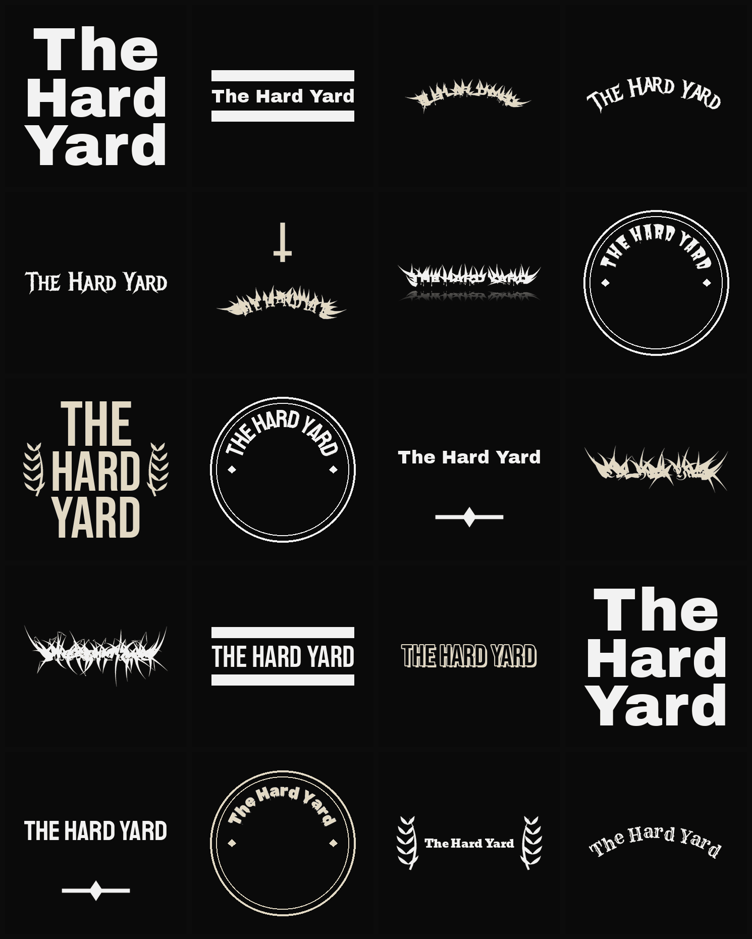 Twenty The Hard Yard band logo ideas — different faces, treatments and spike settings