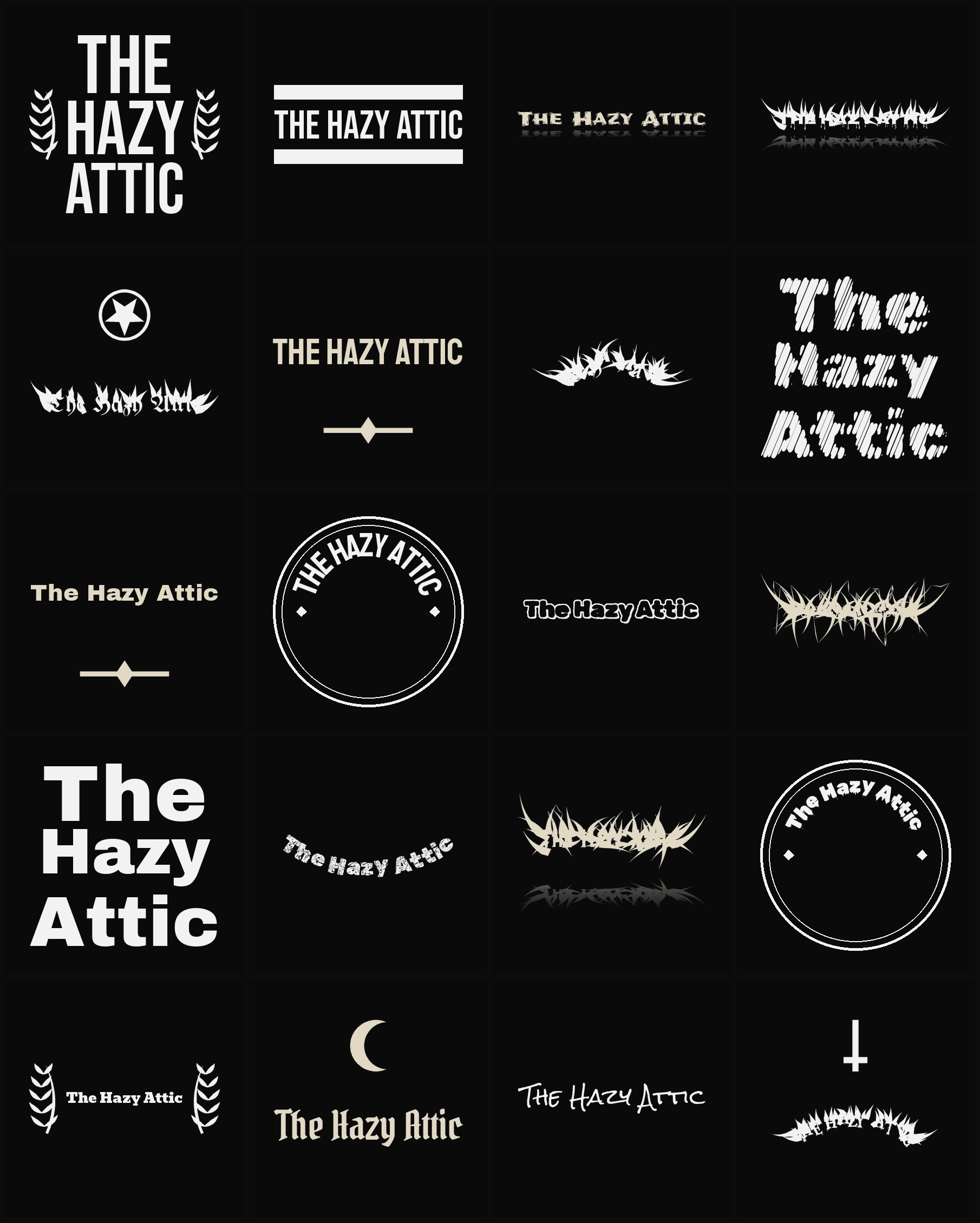 Twenty The Hazy Attic band logo ideas — different faces, treatments and spike settings