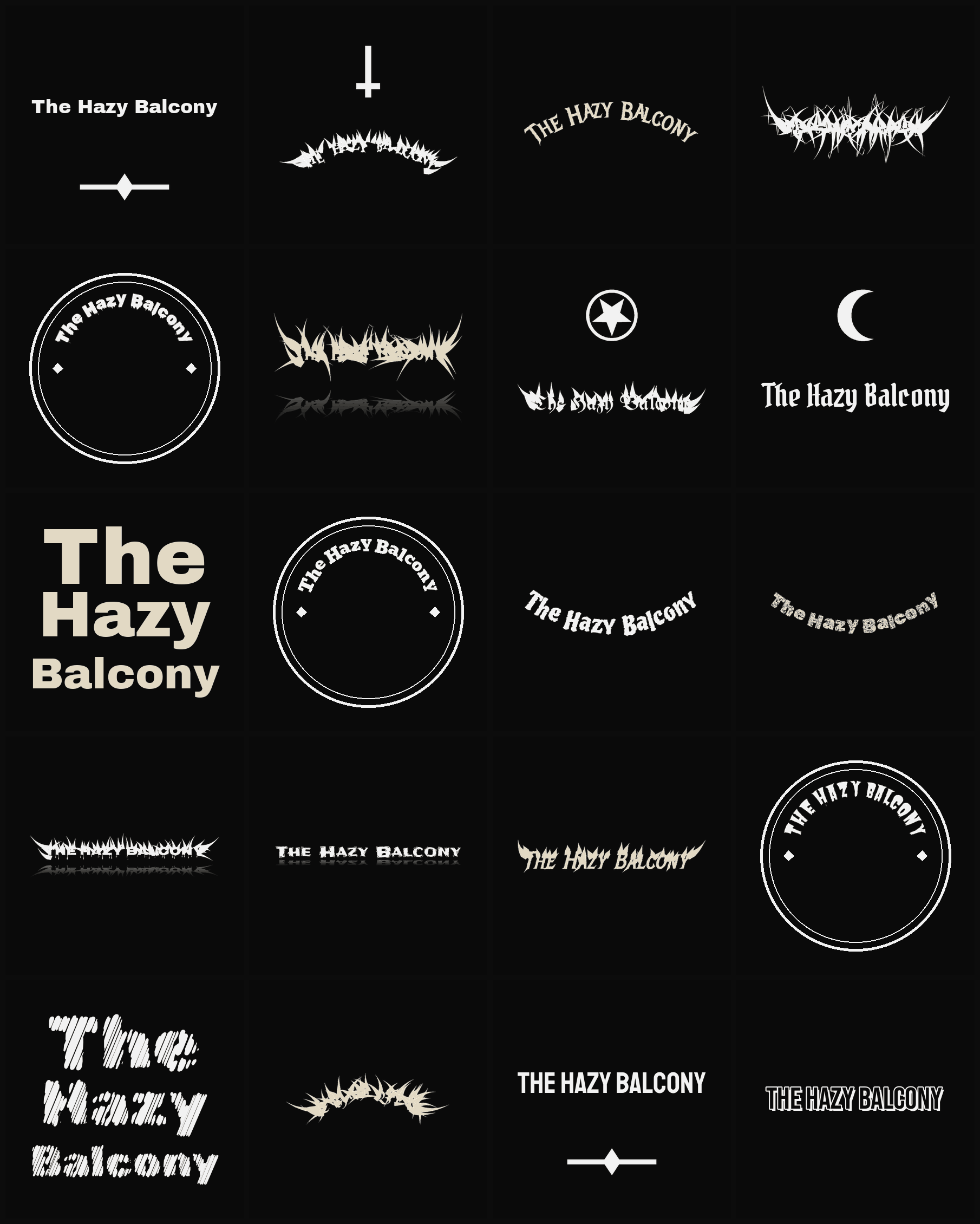 Twenty The Hazy Balcony band logo ideas — different faces, treatments and spike settings