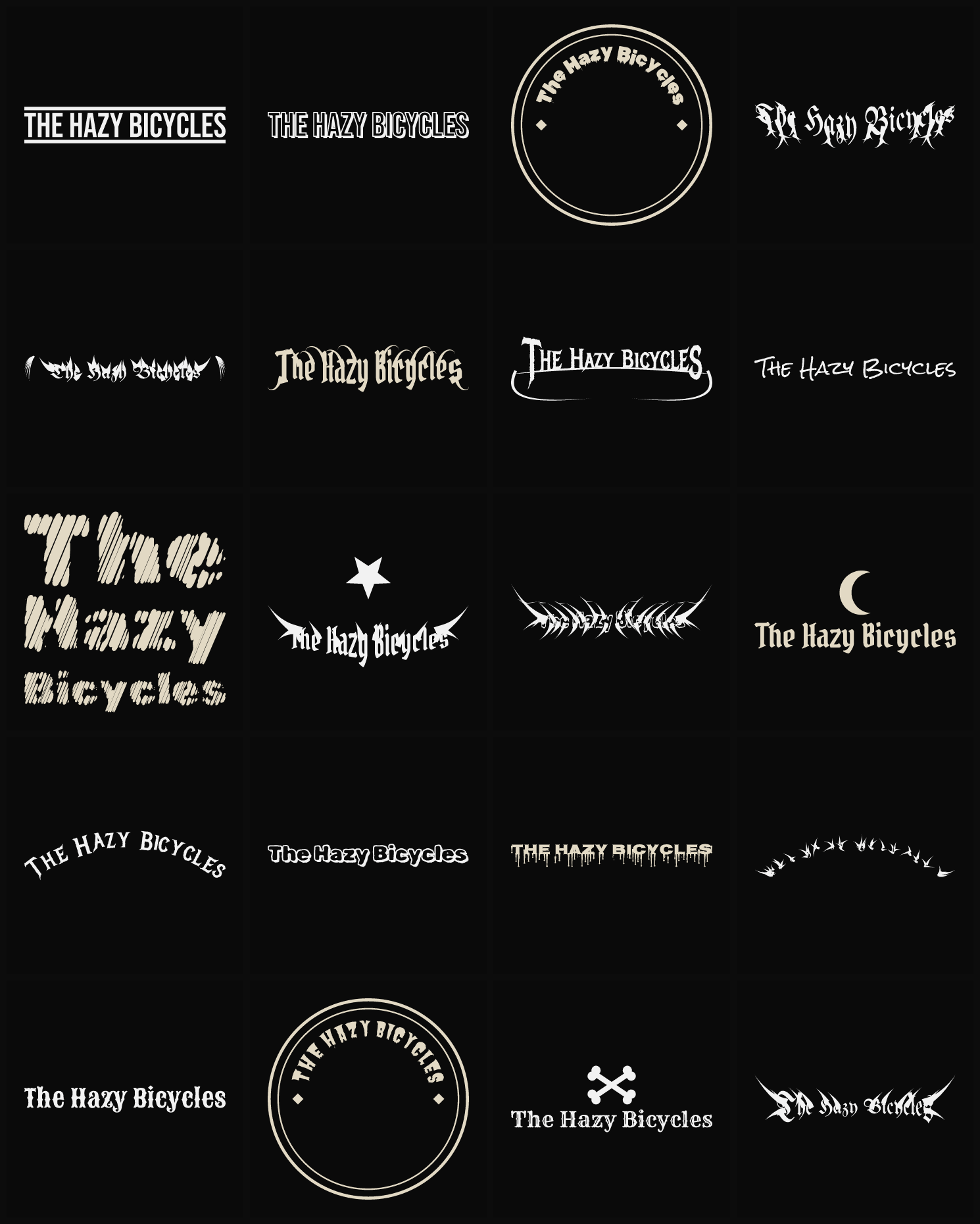 Twenty The Hazy Bicycles band logo ideas — different faces, treatments and spike settings