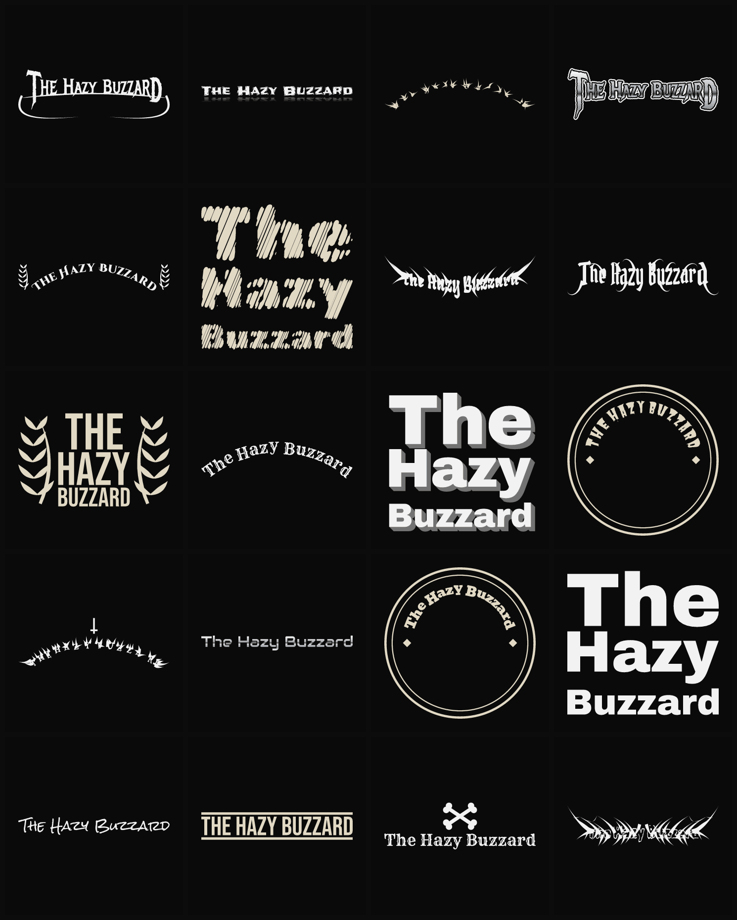Twenty The Hazy Buzzard band logo ideas — different faces, treatments and spike settings