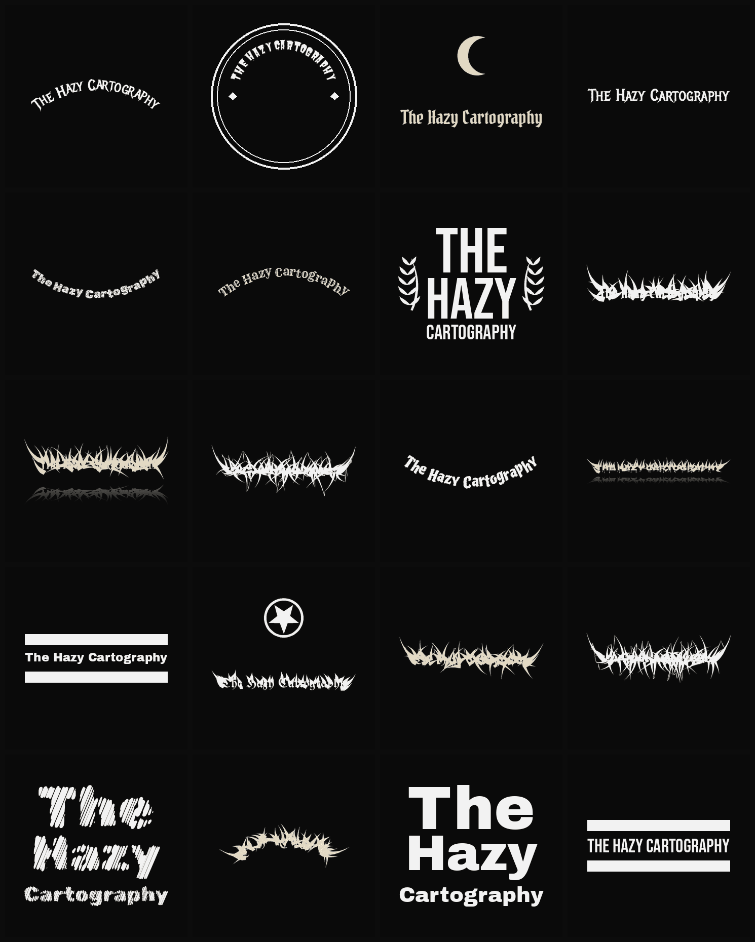 Twenty The Hazy Cartography band logo ideas — different faces, treatments and spike settings