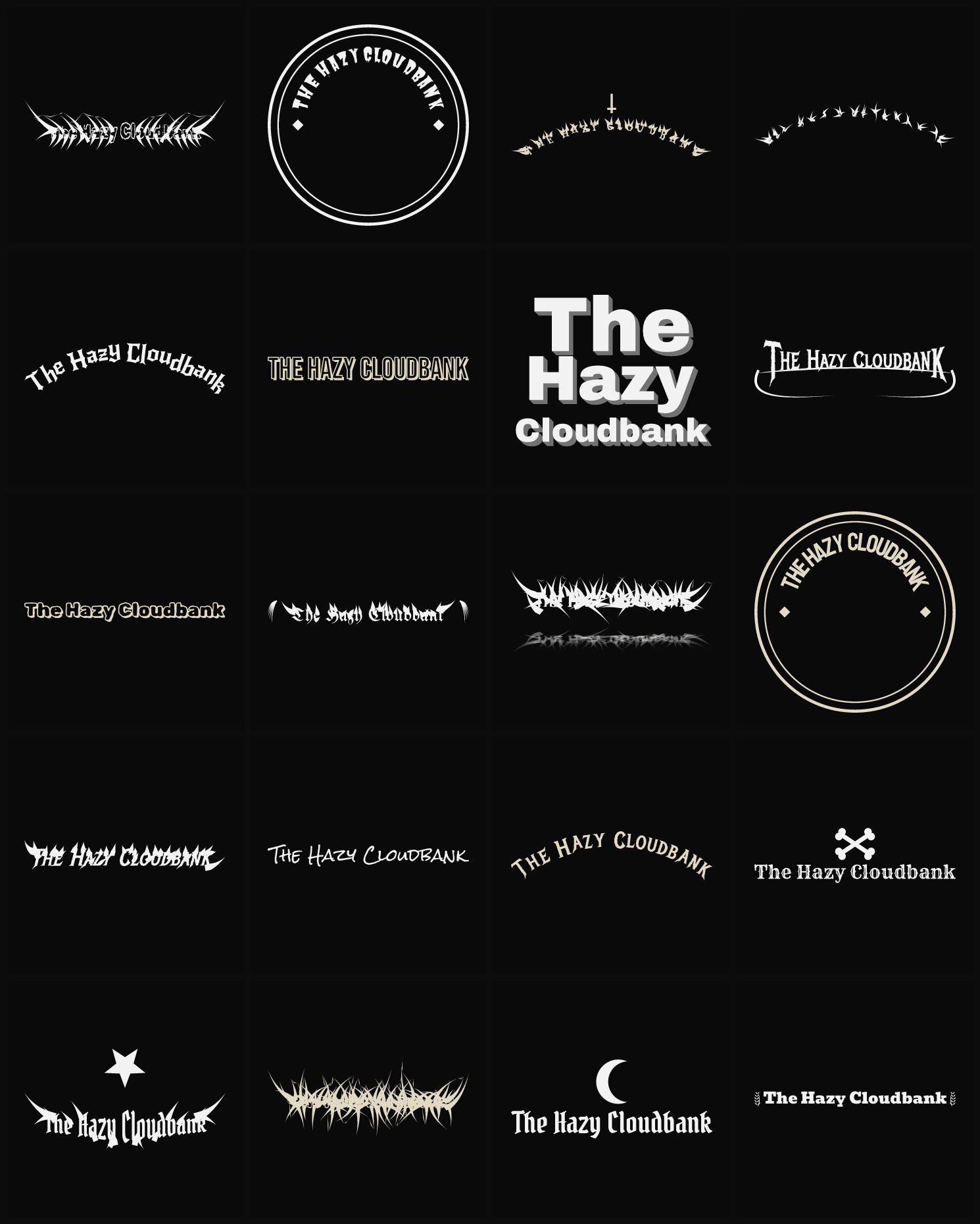 Twenty The Hazy Cloudbank band logo ideas — different faces, treatments and spike settings