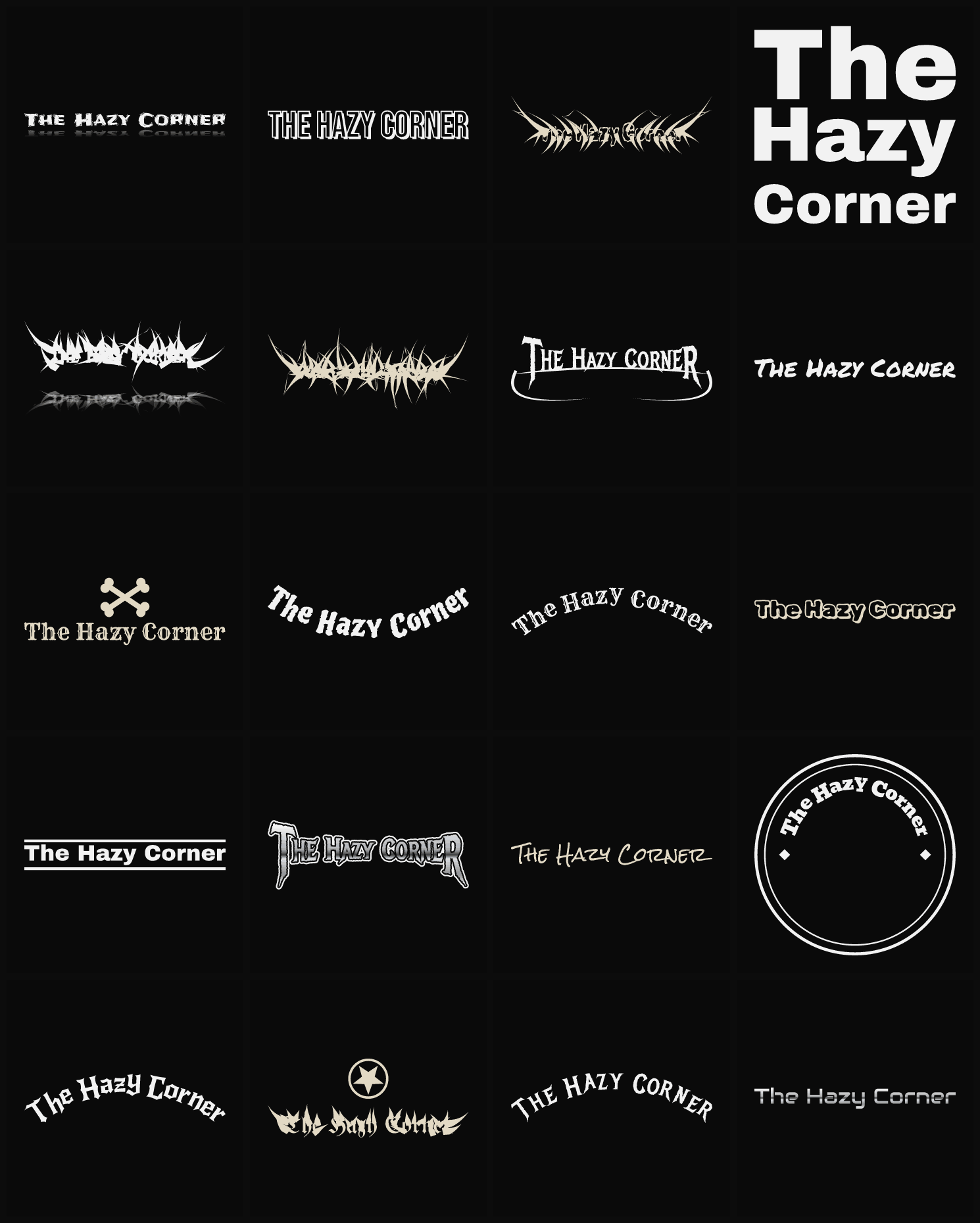 Twenty The Hazy Corner band logo ideas — different faces, treatments and spike settings