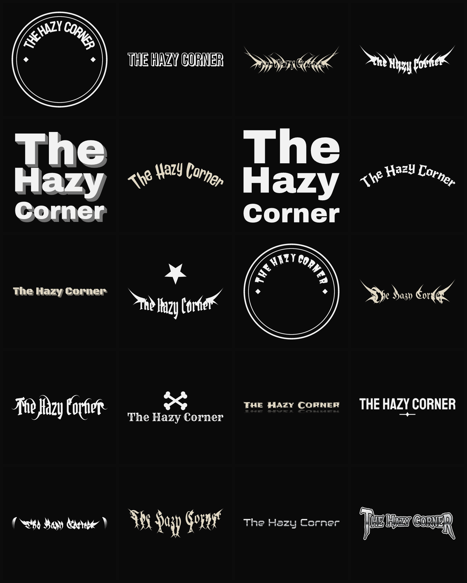Twenty The Hazy Corner band logo ideas — different faces, treatments and spike settings