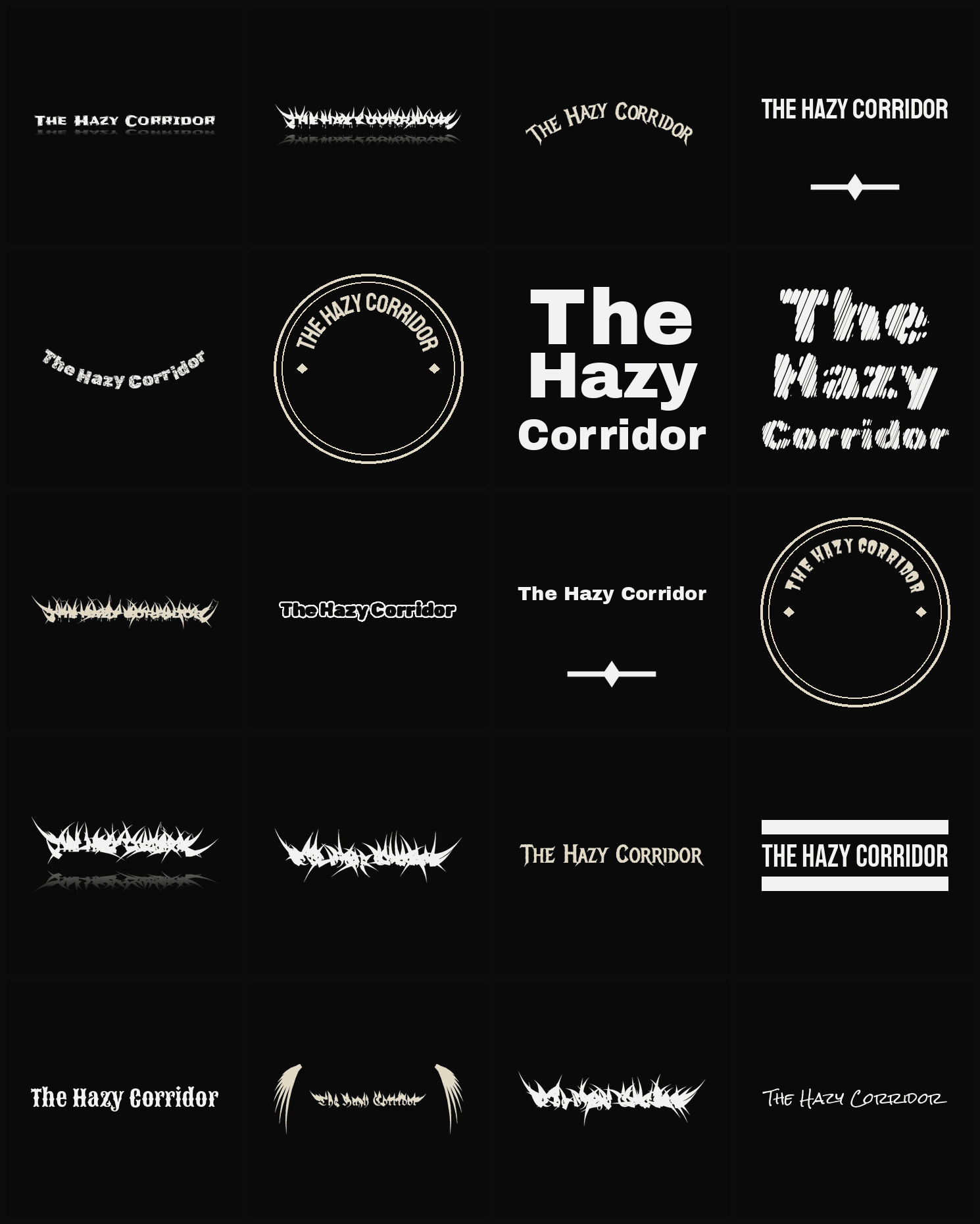 Twenty The Hazy Corridor band logo ideas — different faces, treatments and spike settings