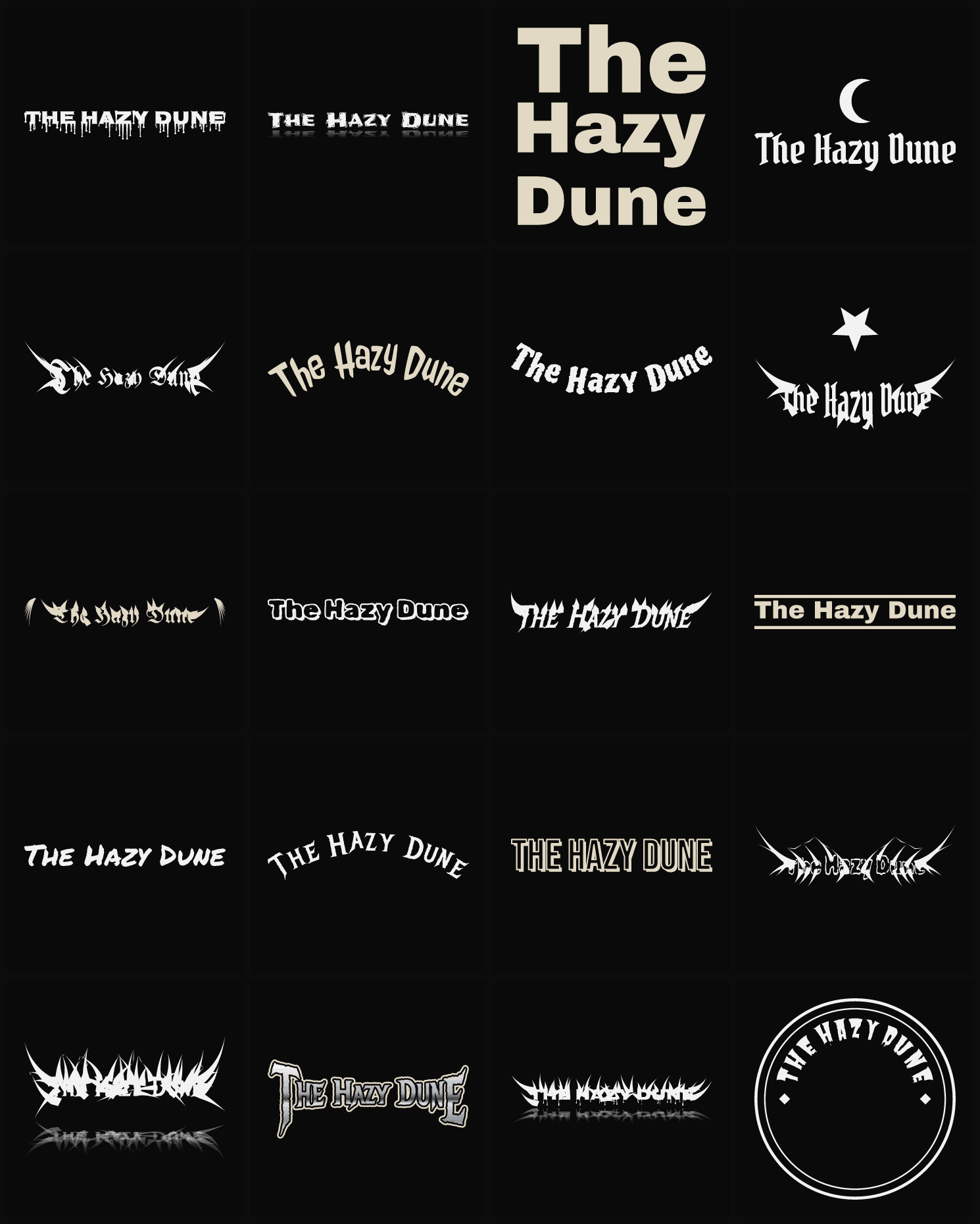 Twenty The Hazy Dune band logo ideas — different faces, treatments and spike settings