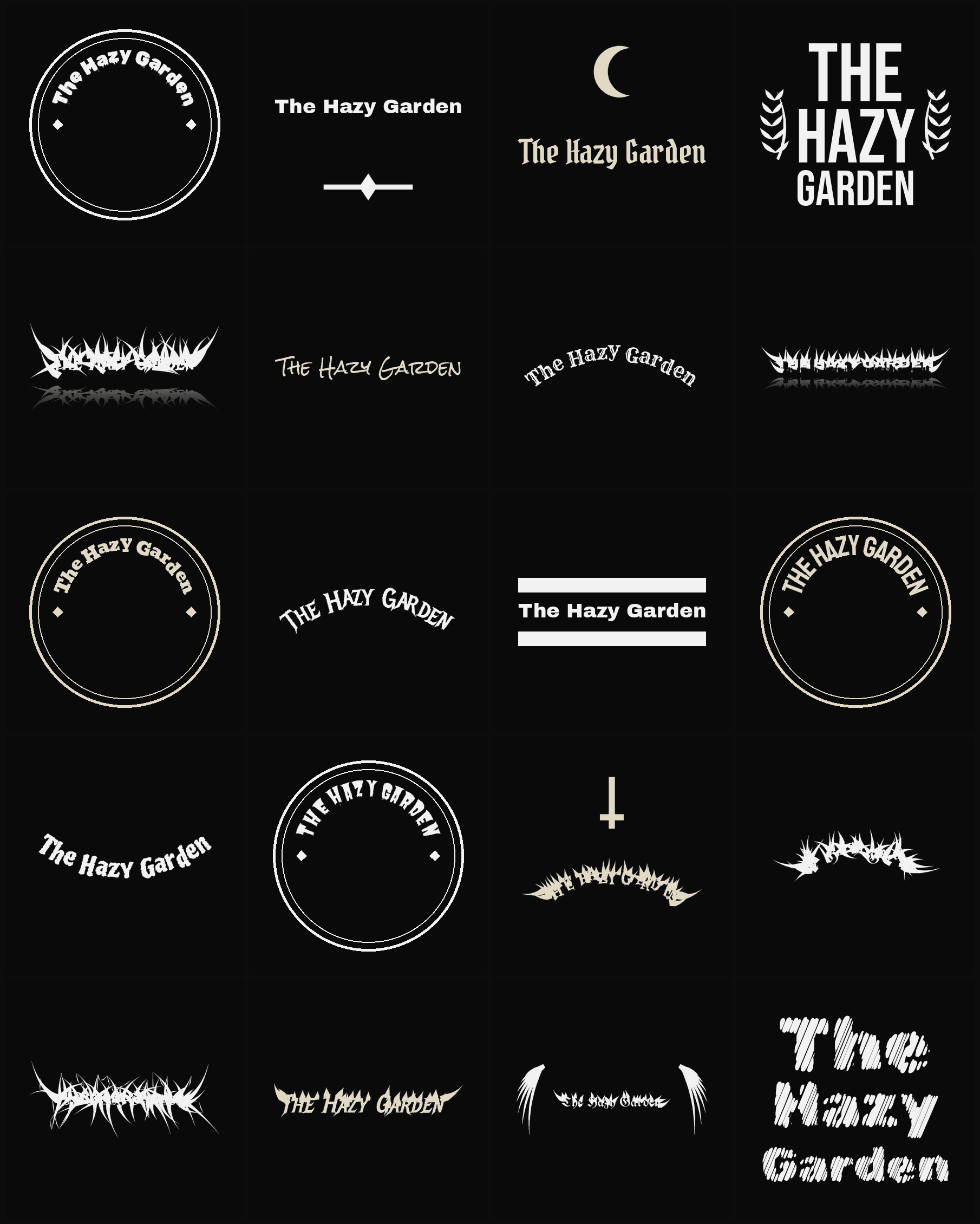 Twenty The Hazy Garden band logo ideas — different faces, treatments and spike settings