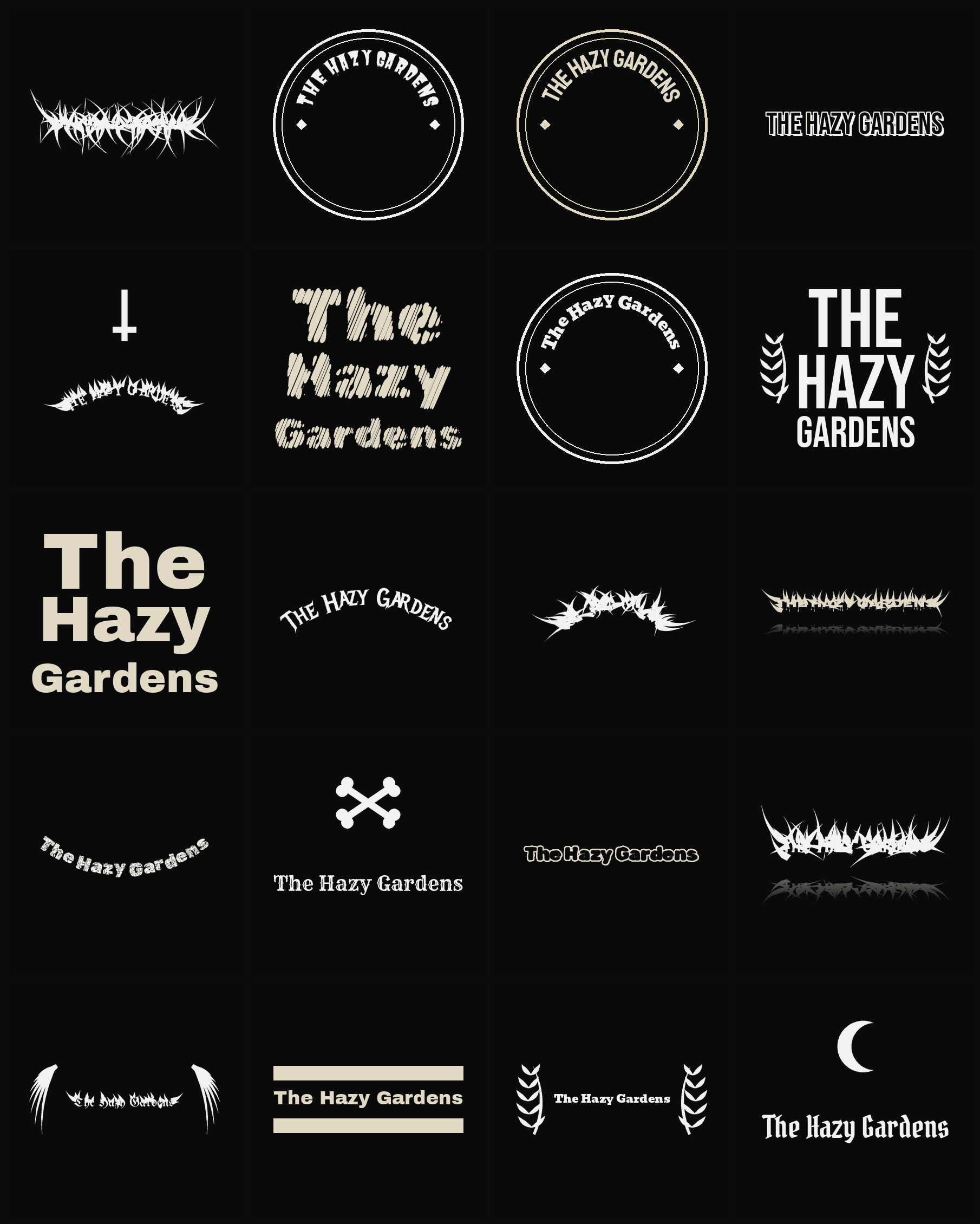Twenty The Hazy Gardens band logo ideas — different faces, treatments and spike settings