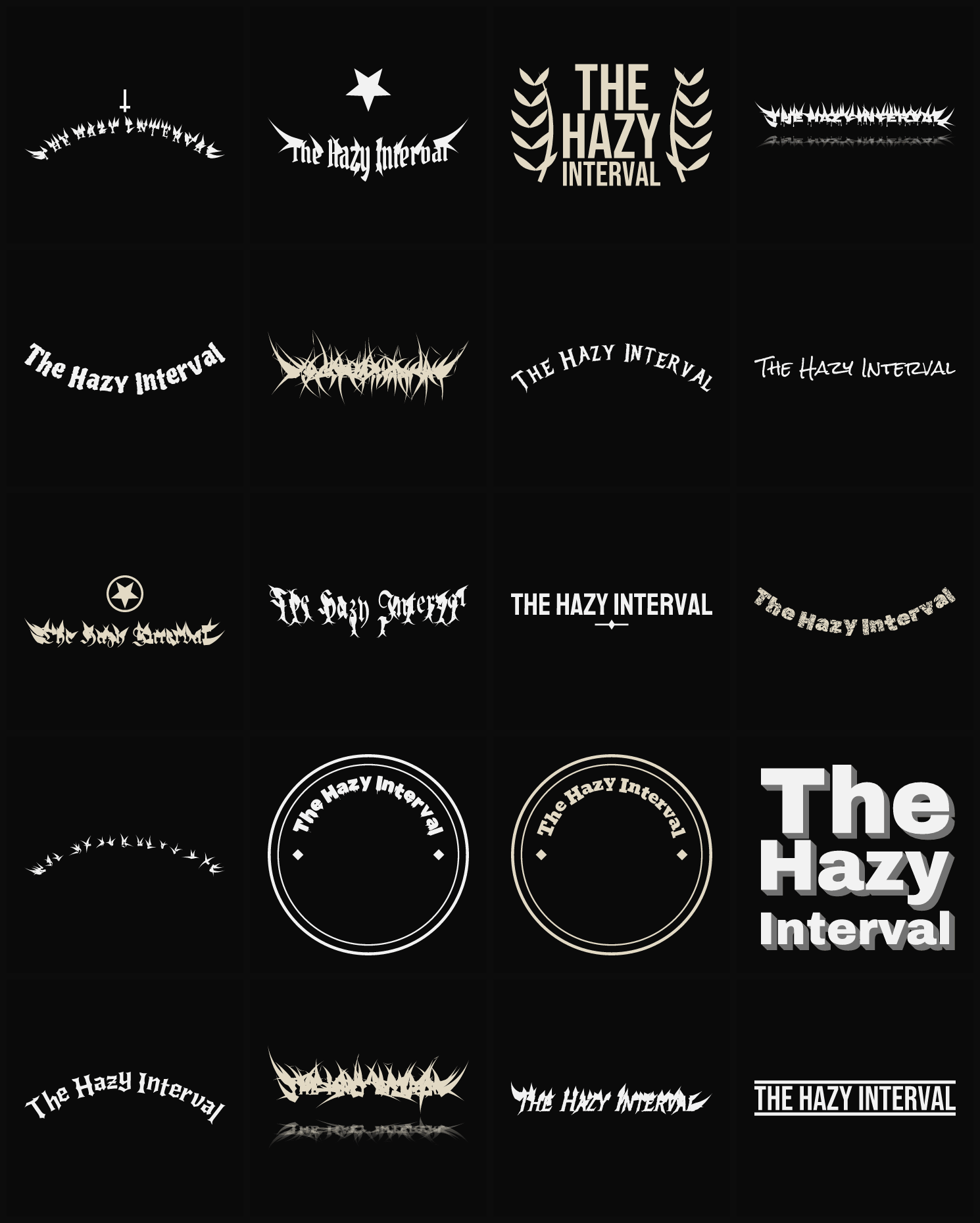 Twenty The Hazy Interval band logo ideas — different faces, treatments and spike settings