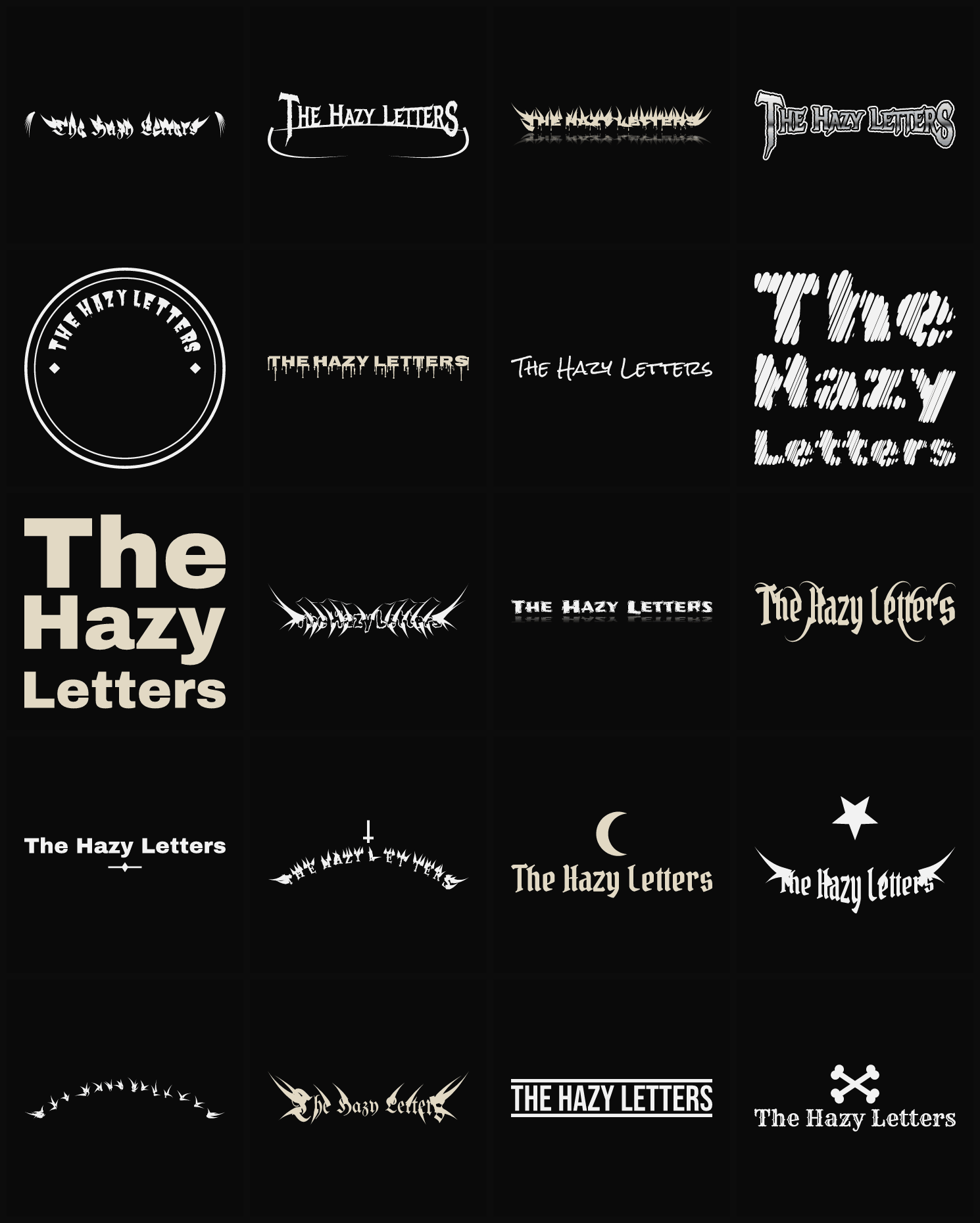 Twenty The Hazy Letters band logo ideas — different faces, treatments and spike settings