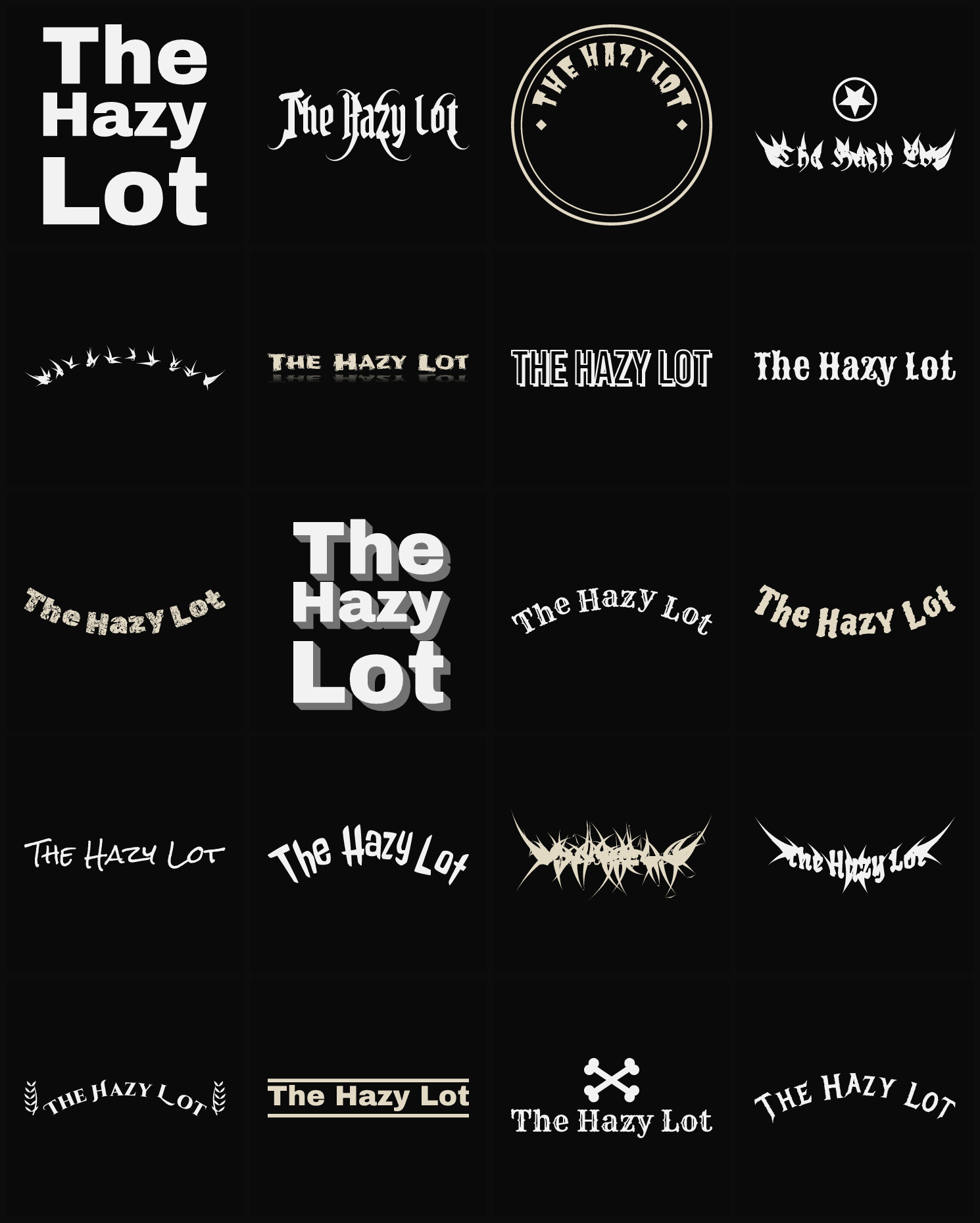 Twenty The Hazy Lot band logo ideas — different faces, treatments and spike settings