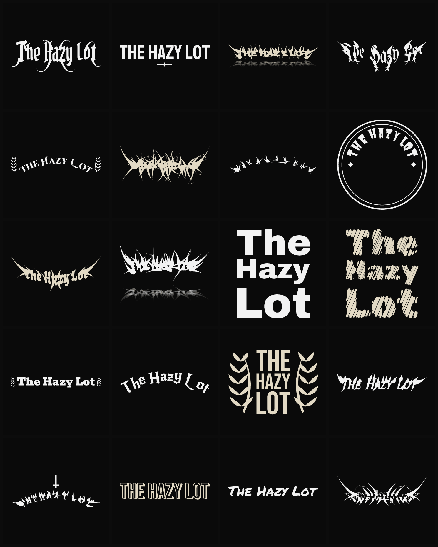 Twenty The Hazy Lot band logo ideas — different faces, treatments and spike settings