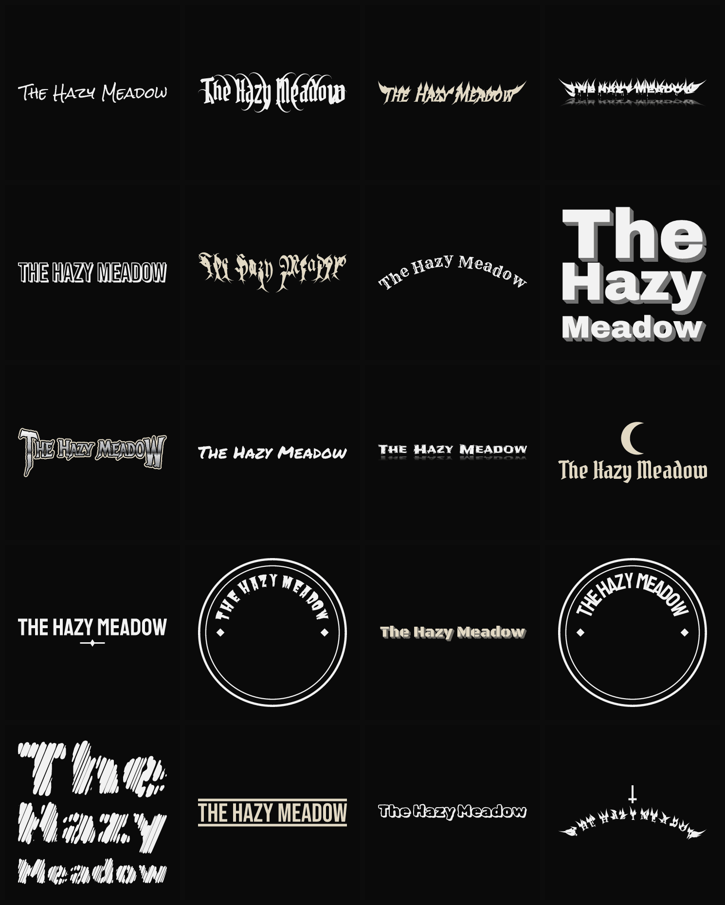 Twenty The Hazy Meadow band logo ideas — different faces, treatments and spike settings
