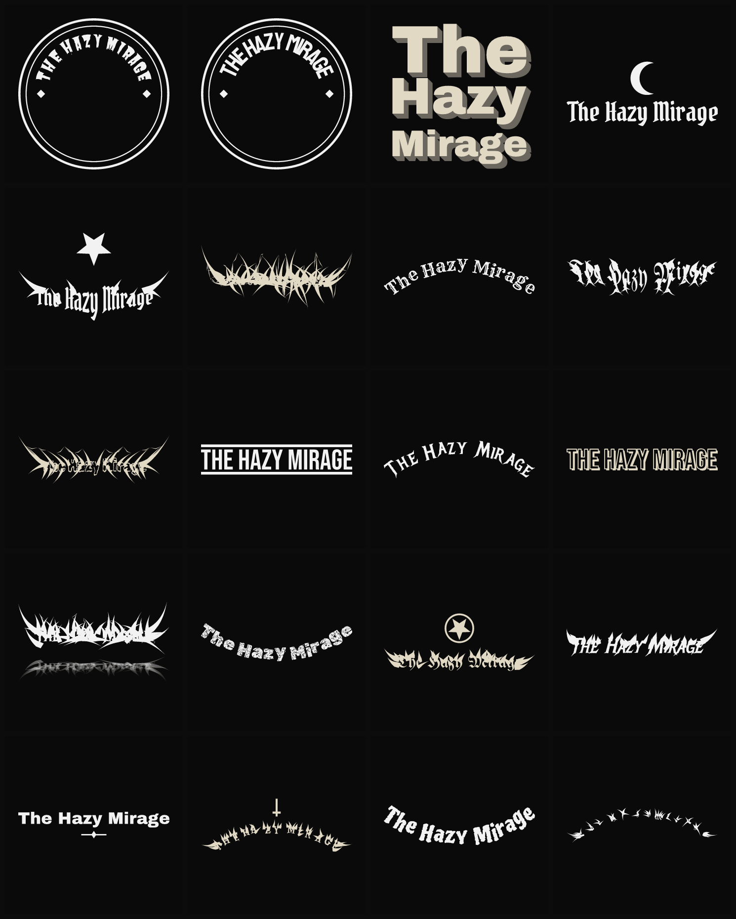 Twenty The Hazy Mirage band logo ideas — different faces, treatments and spike settings