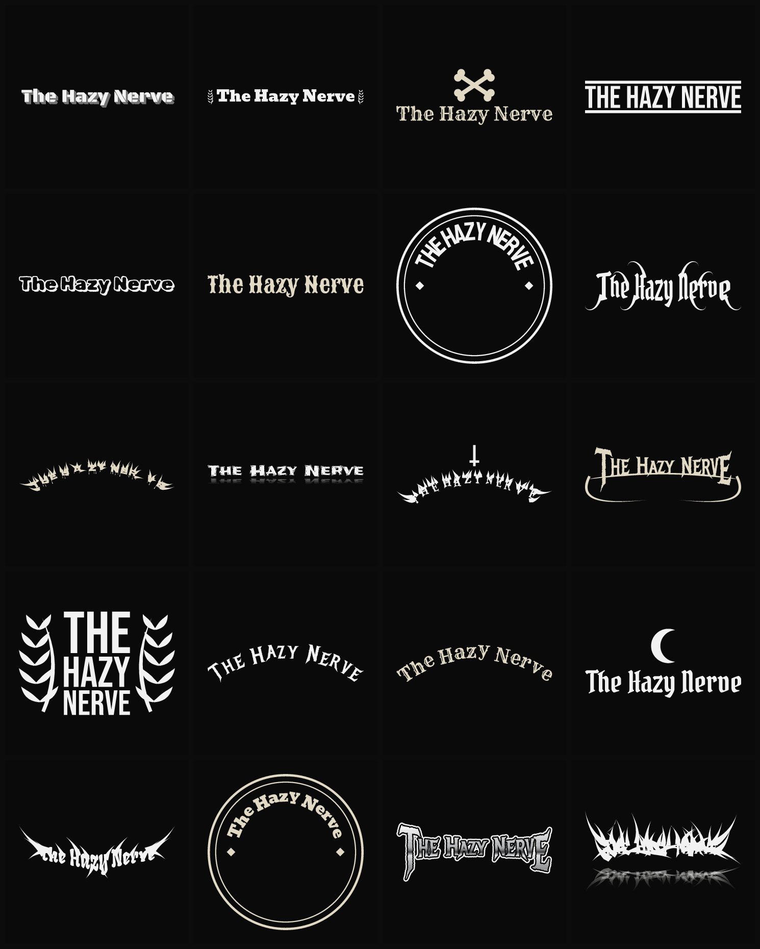 Twenty The Hazy Nerve band logo ideas — different faces, treatments and spike settings