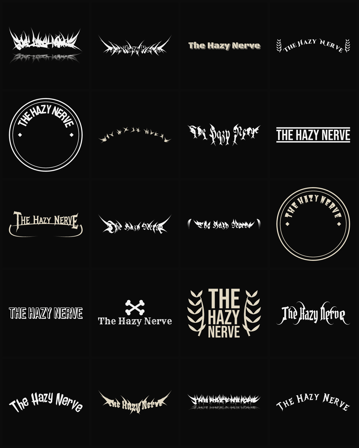 Twenty The Hazy Nerve band logo ideas — different faces, treatments and spike settings