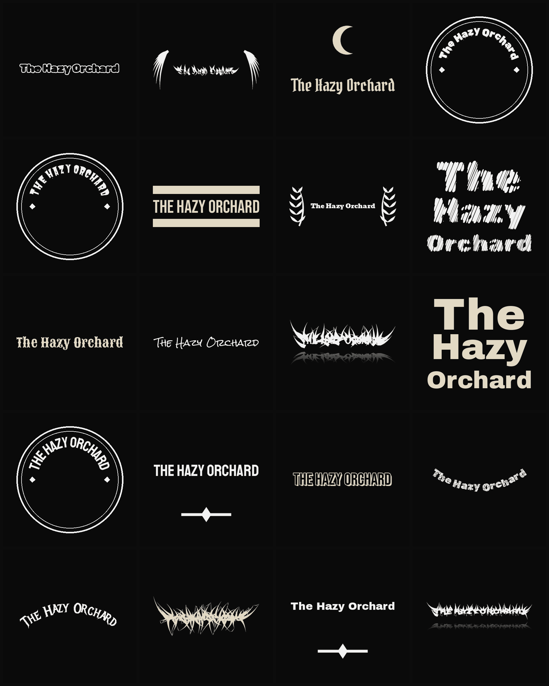 Twenty The Hazy Orchard band logo ideas — different faces, treatments and spike settings