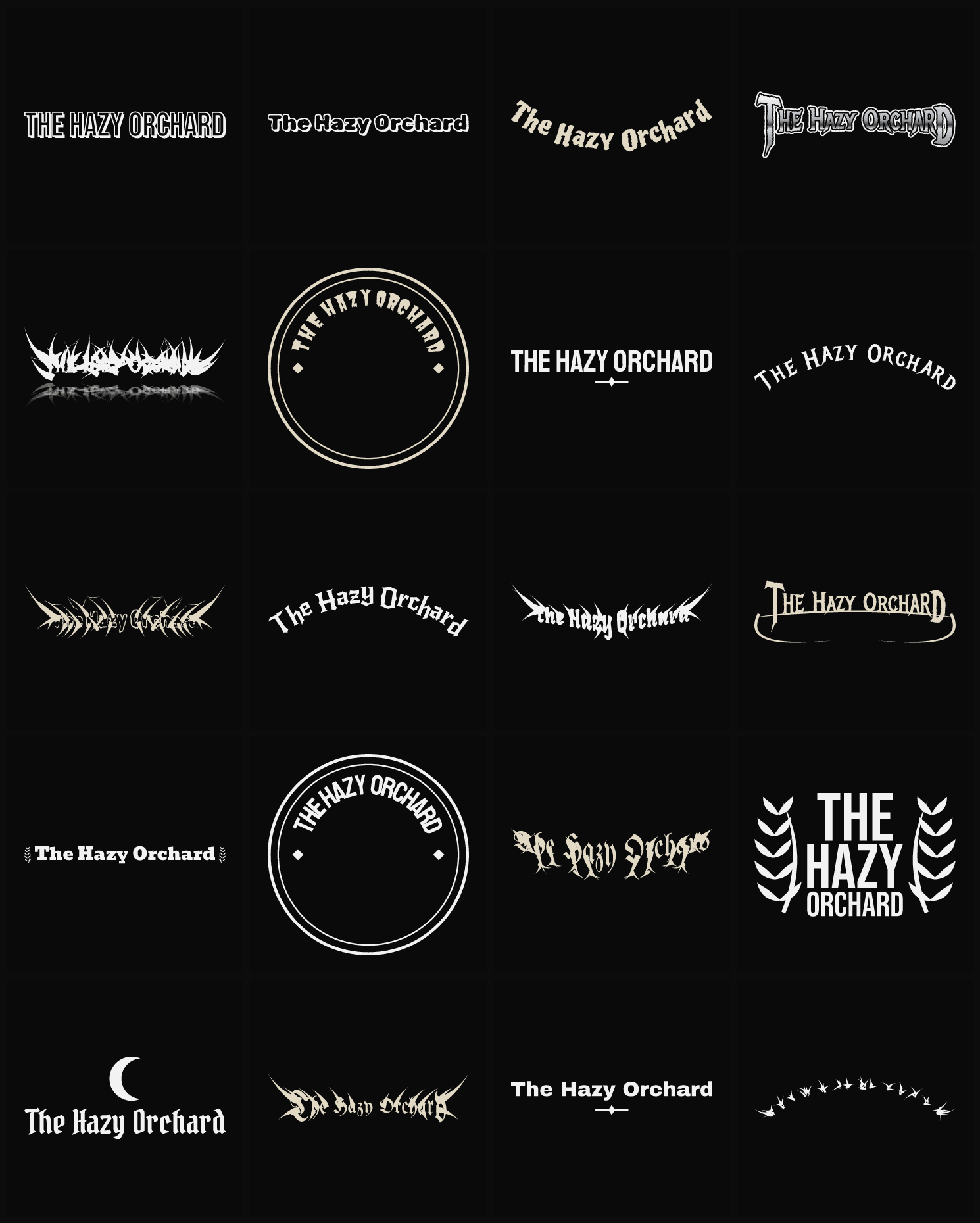 Twenty The Hazy Orchard band logo ideas — different faces, treatments and spike settings
