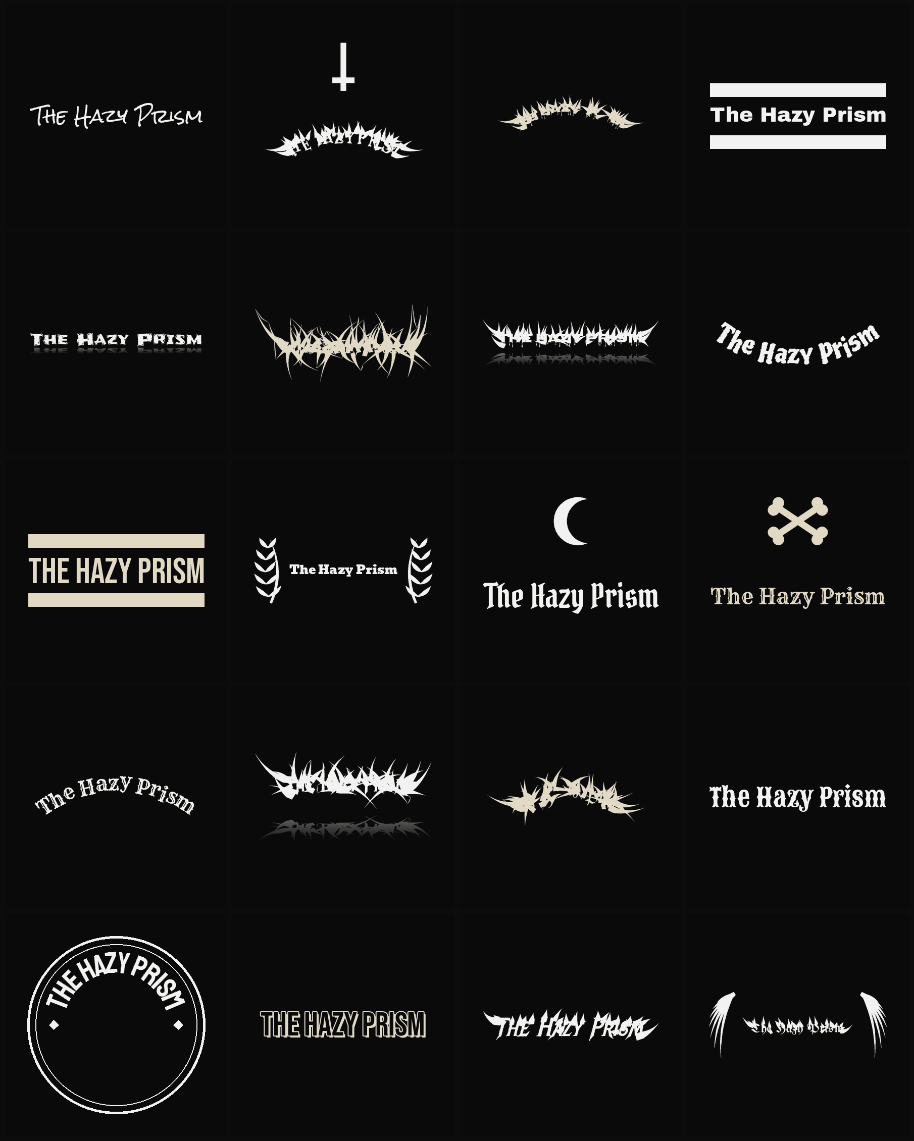 Twenty The Hazy Prism band logo ideas — different faces, treatments and spike settings