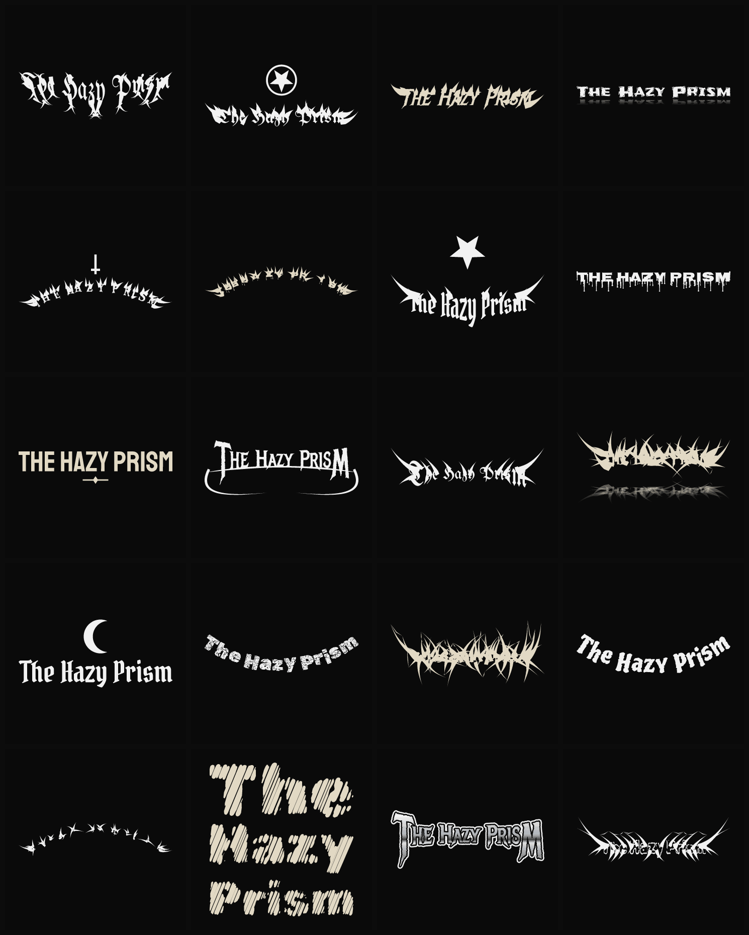 Twenty The Hazy Prism band logo ideas — different faces, treatments and spike settings