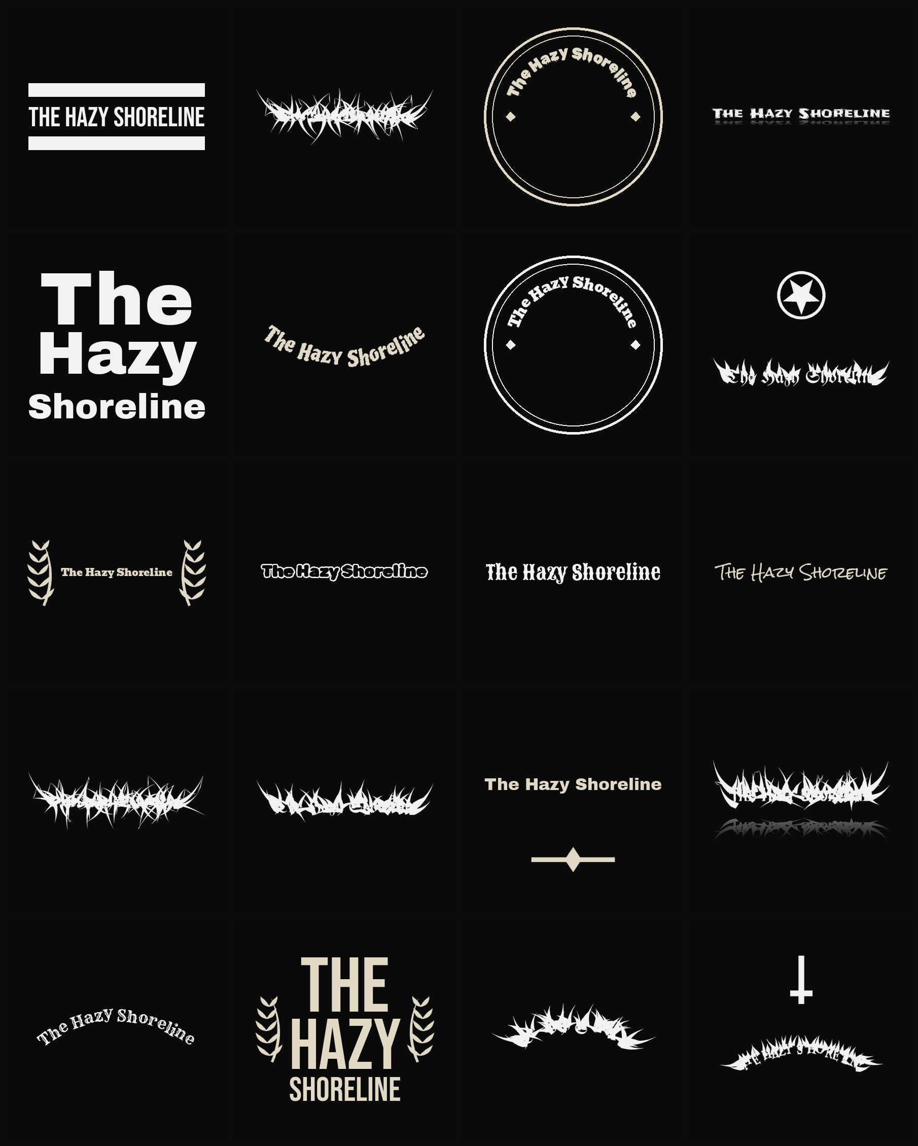 Twenty The Hazy Shoreline band logo ideas — different faces, treatments and spike settings