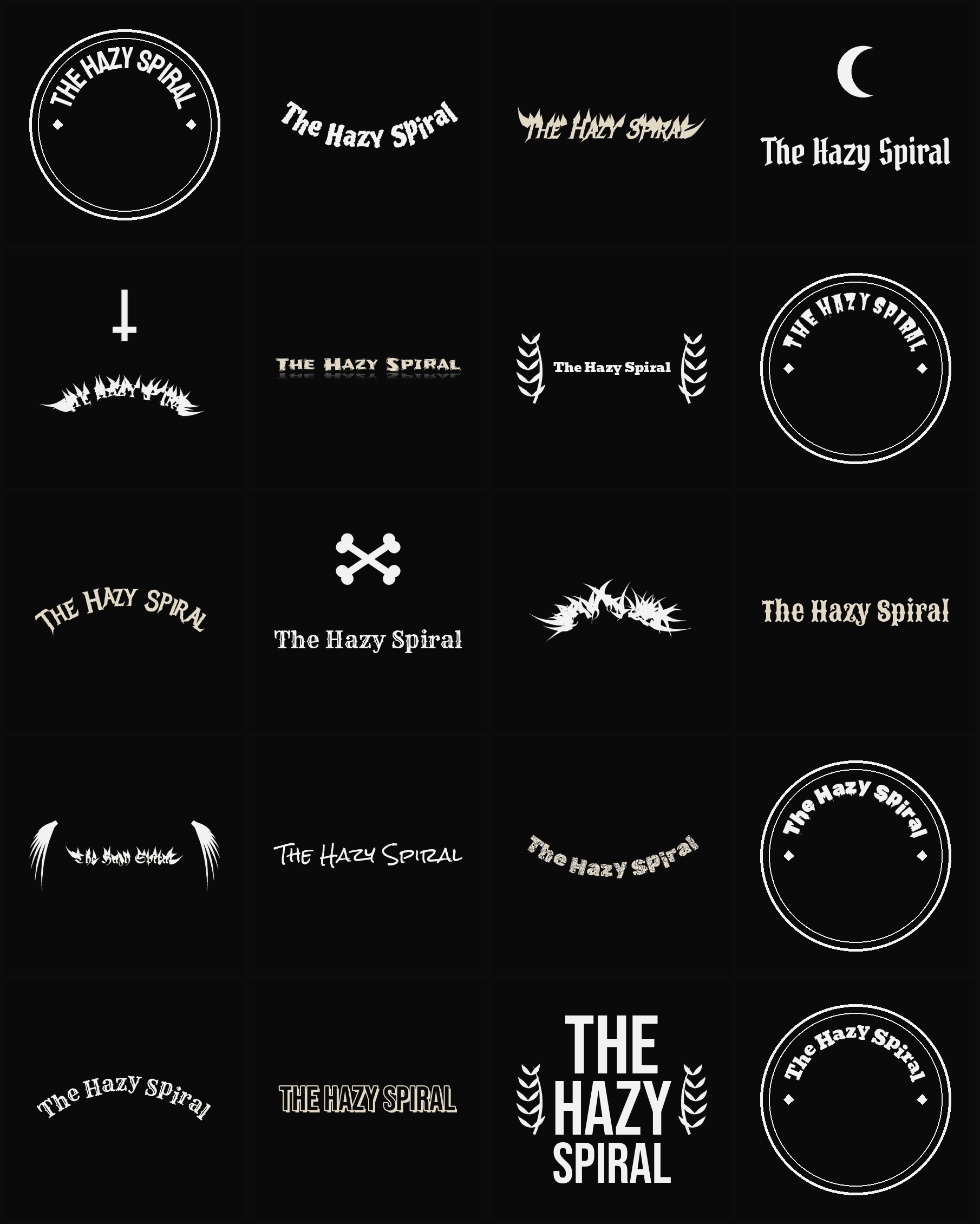 Twenty The Hazy Spiral band logo ideas — different faces, treatments and spike settings