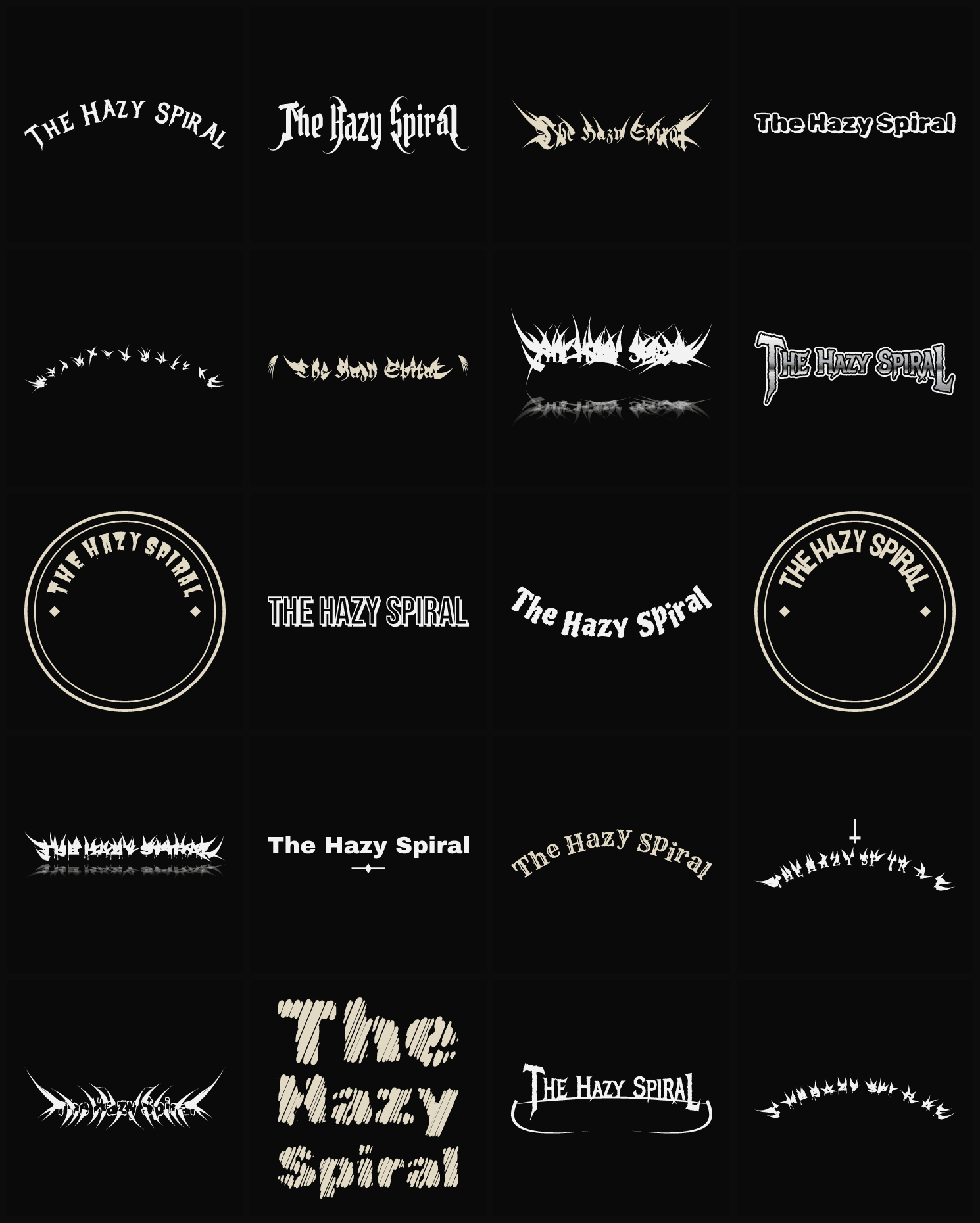 Twenty The Hazy Spiral band logo ideas — different faces, treatments and spike settings