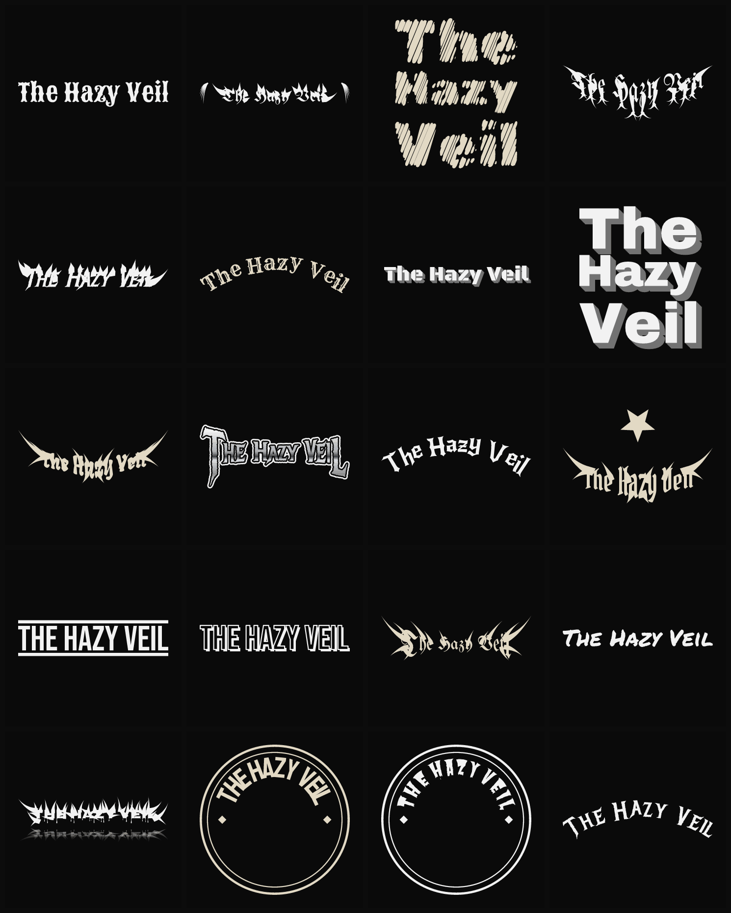 Twenty The Hazy Veil band logo ideas — different faces, treatments and spike settings