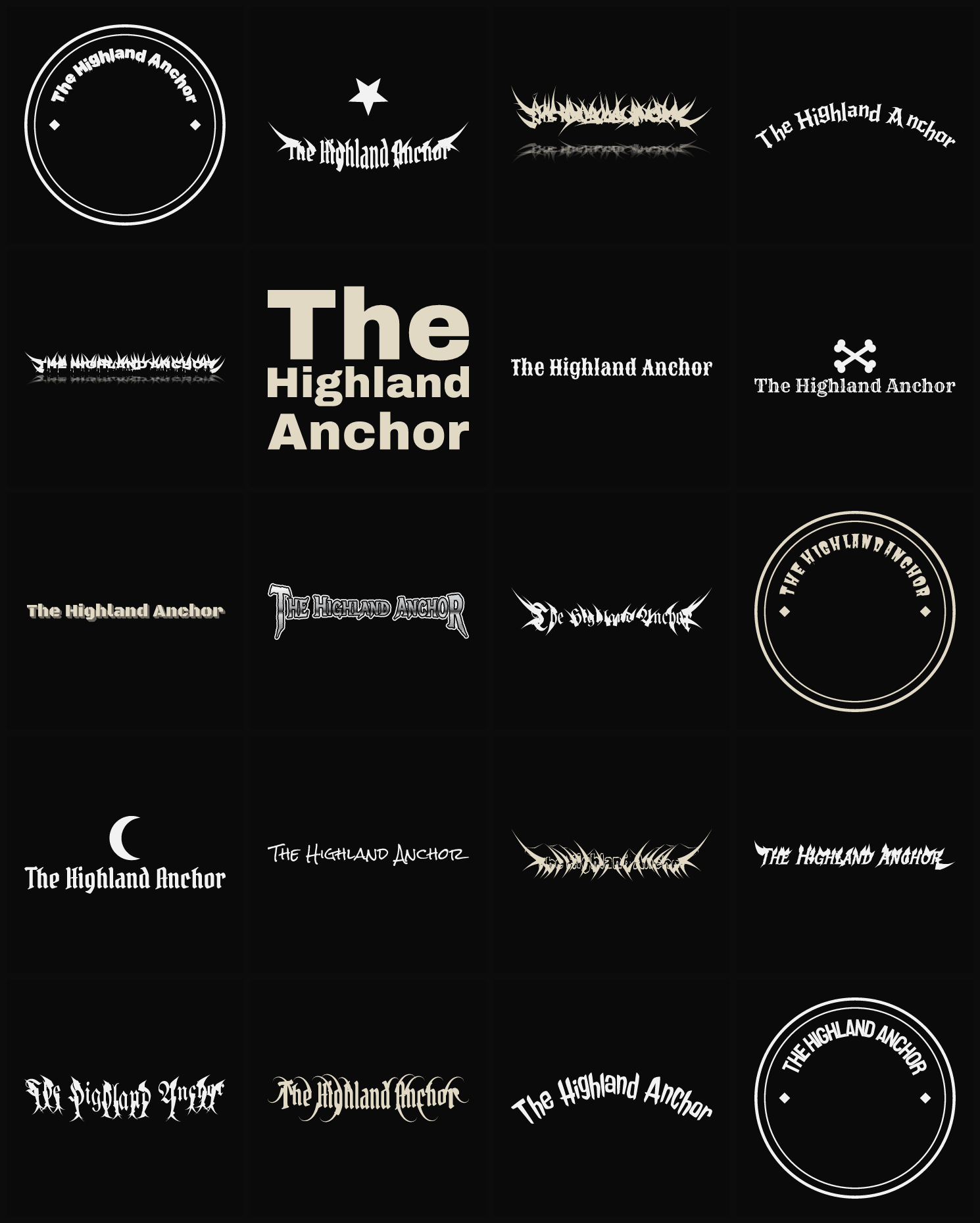 Twenty The Highland Anchor band logo ideas — different faces, treatments and spike settings