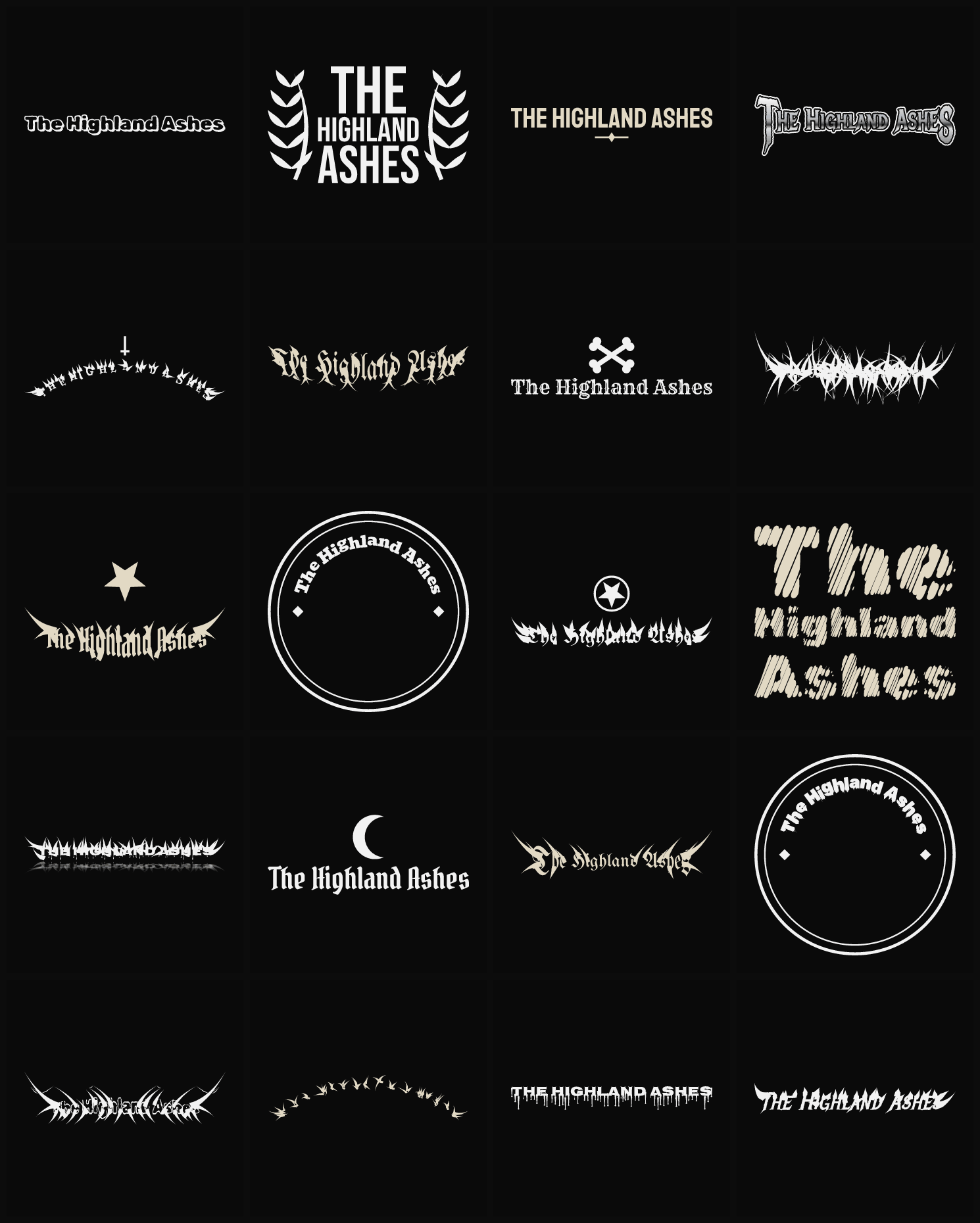 Twenty The Highland Ashes band logo ideas — different faces, treatments and spike settings