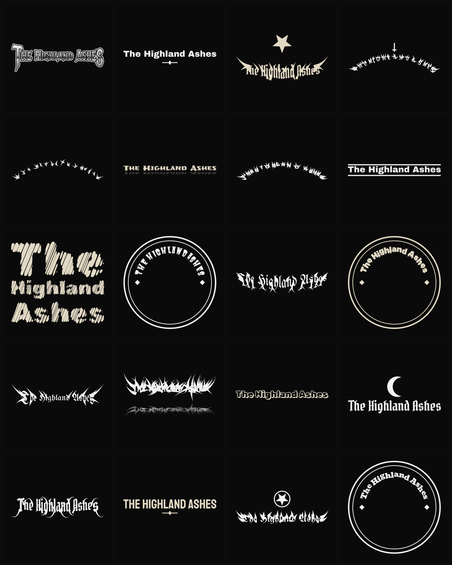 Twenty The Highland Ashes band logo ideas — different faces, treatments and spike settings