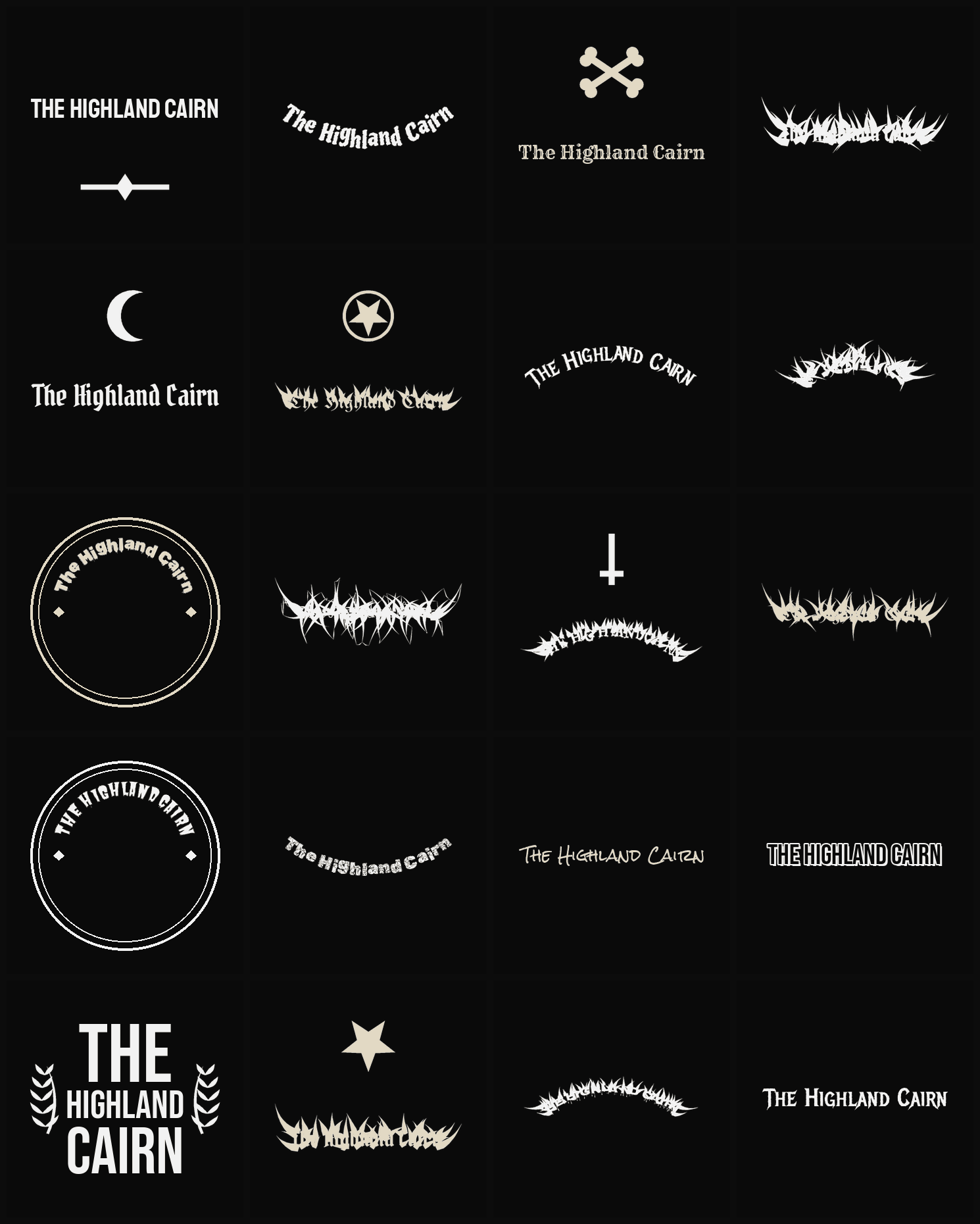 Twenty The Highland Cairn band logo ideas — different faces, treatments and spike settings